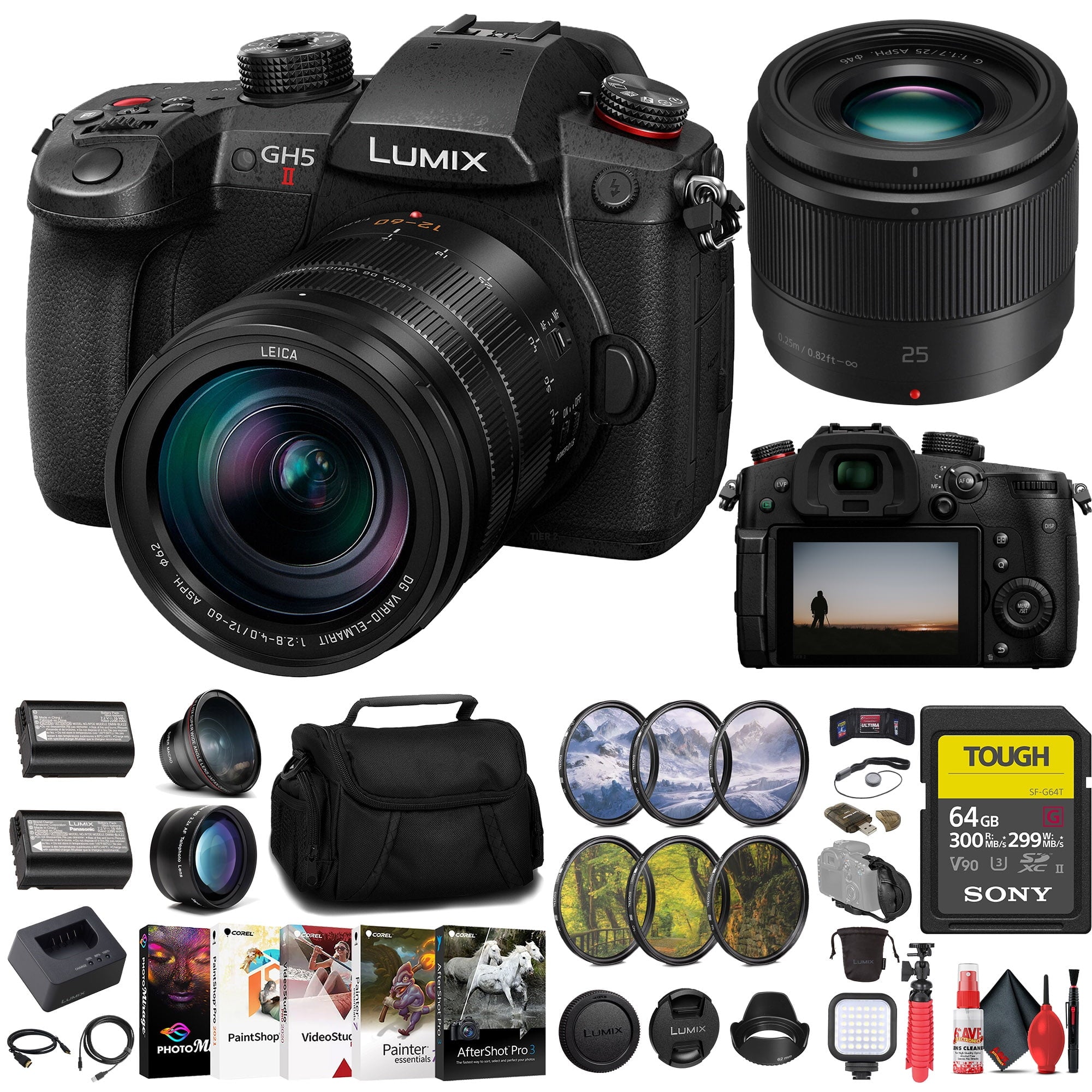 Panasonic Lumix GH5 II Mirrorless Camera W/ 12-60mm Lens + Panasonic 25mm Lens + More