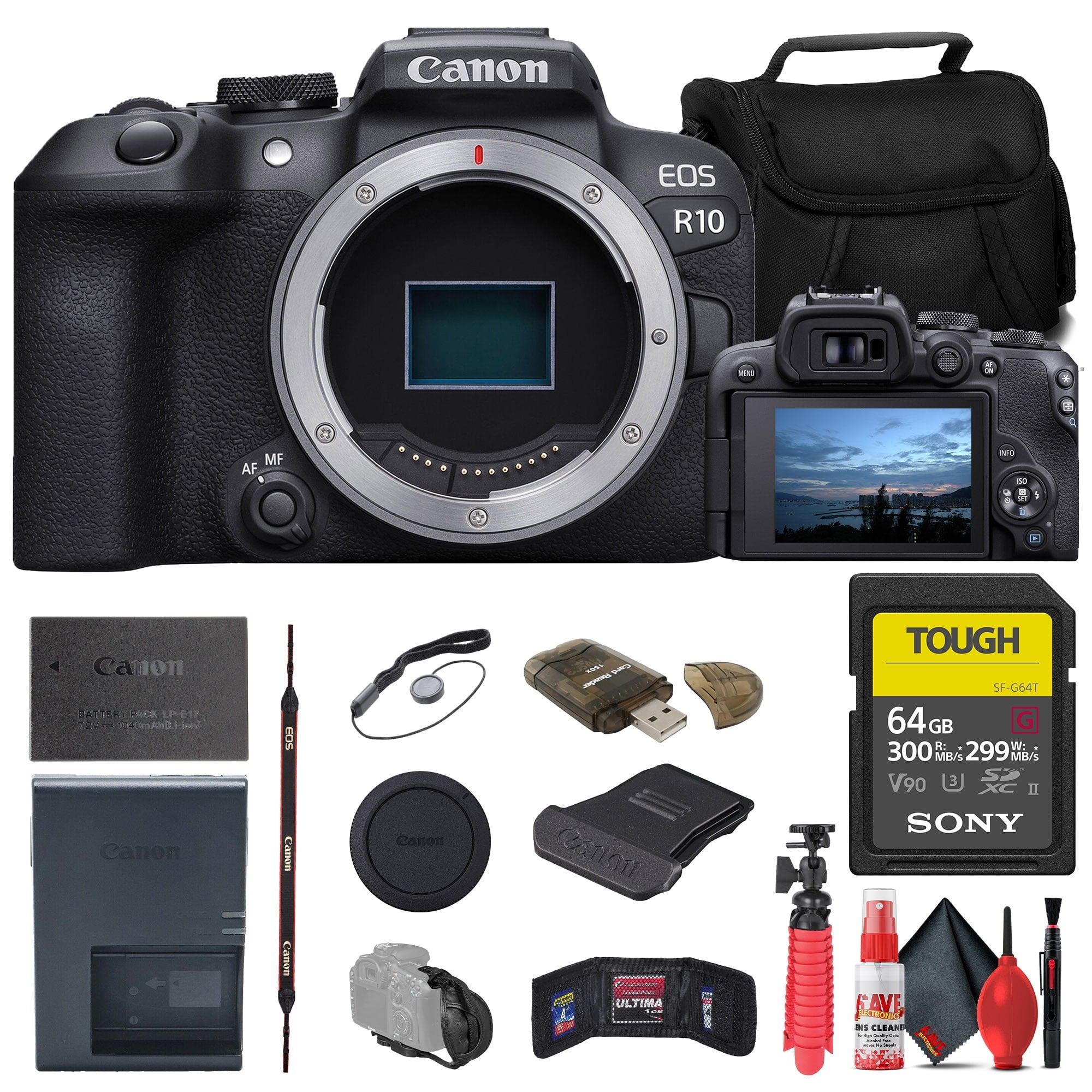 Canon EOS R10 Mirrorless Camera + Sony 64GB TOUGH SD Card + Bag + Reader + More