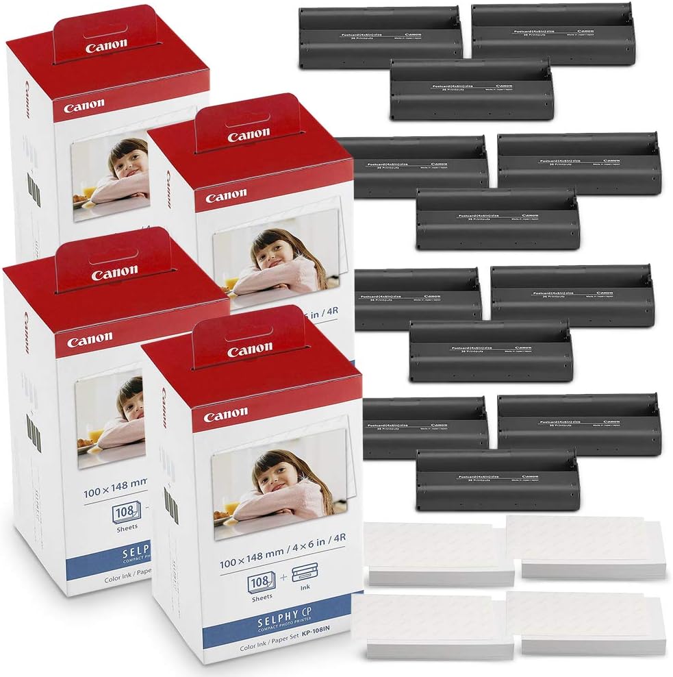 Canon KP-108IN Color Ink and Paper Set Includes Total of 432 Sheets and 12 Ink Cartridges and Fibertique Cleaning Cloth