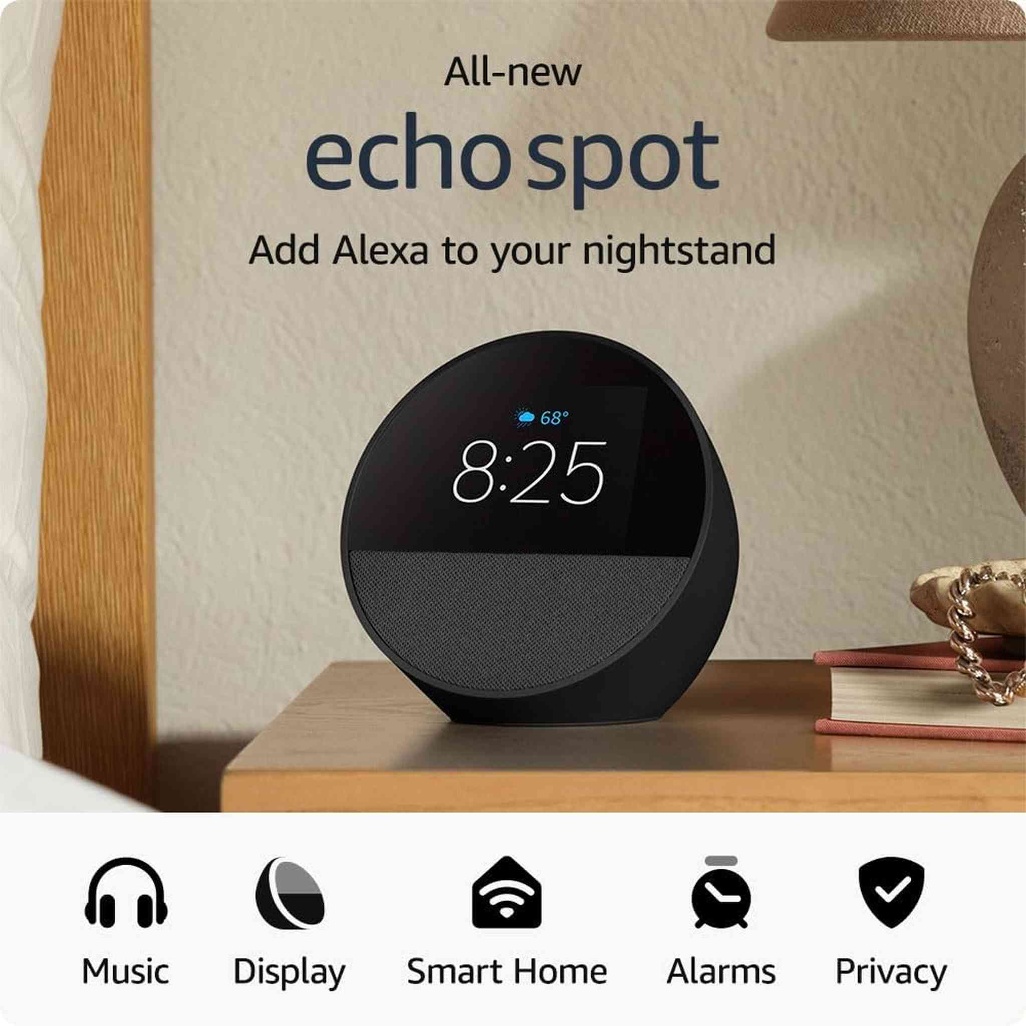 Echo Spot 2024 Smart alarm clock w/ vibrant sound and Alexa - Black + Screen Cleaning Kit Kindle