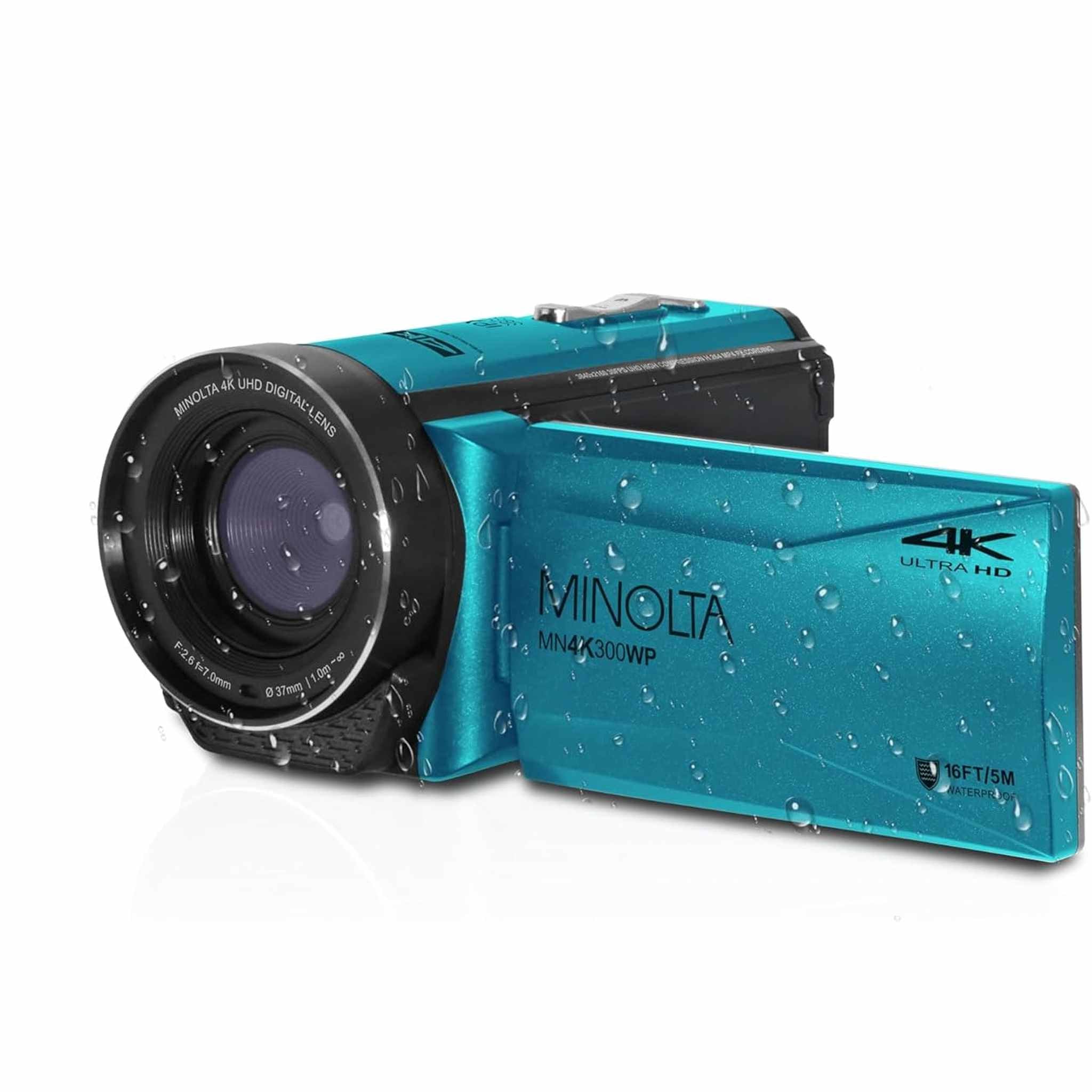 Minolta MN4K300WP 4K Ultra HD / 56 MP Waterproof Camcorder - Blue - Bundle