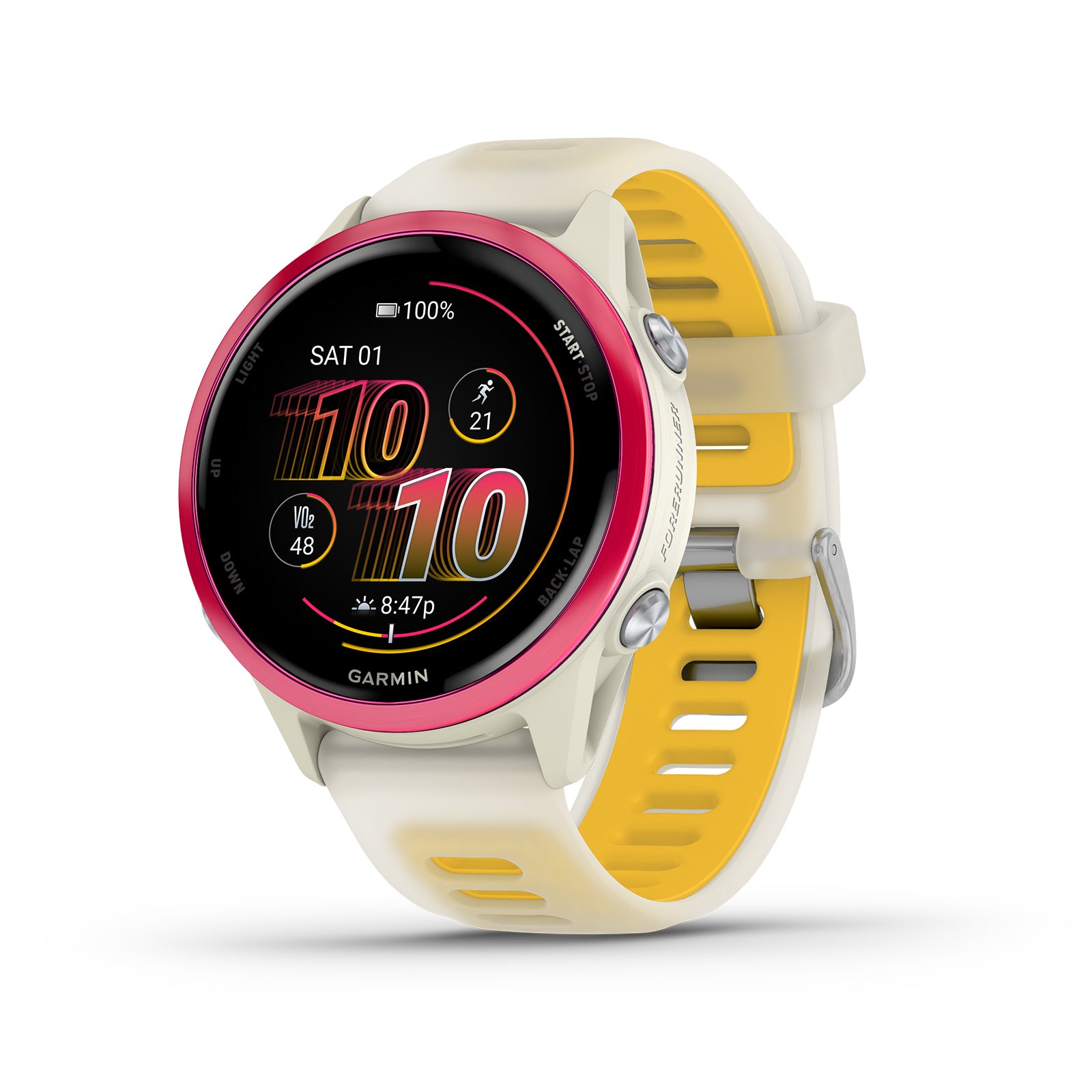Garmin Forerunner 570 Running Smartwatch, 42MM WiFi, GPS Fitness Smart Watch For Men And Women, Raspberry Aluminum with Translucent Bone/Mango Band, Bundle
