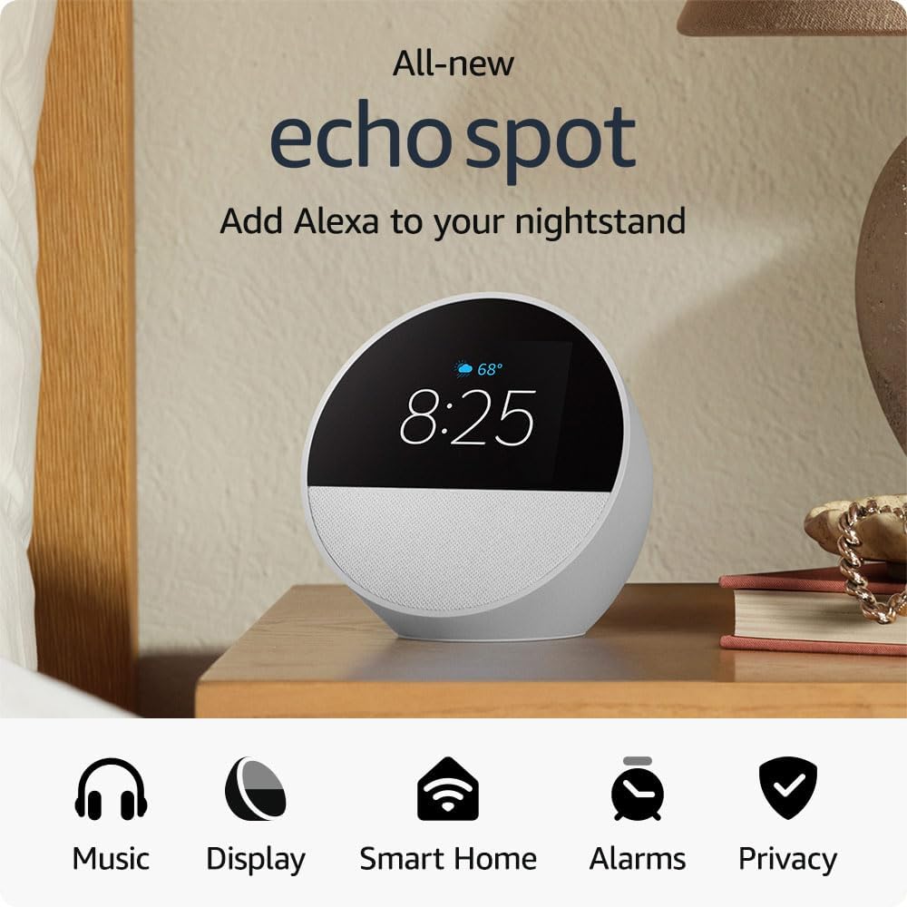 Echo Spot 2024 Smart alarm clock w/ vibrant sound and Alexa -White + Screen Cleaning Kit