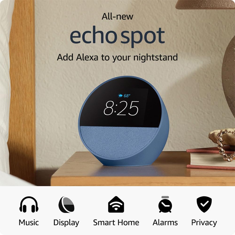 Echo Spot 2024 Smart alarm clock w/ vibrant sound and Alexa -Blue + Screen Cleaning Kit Kindle