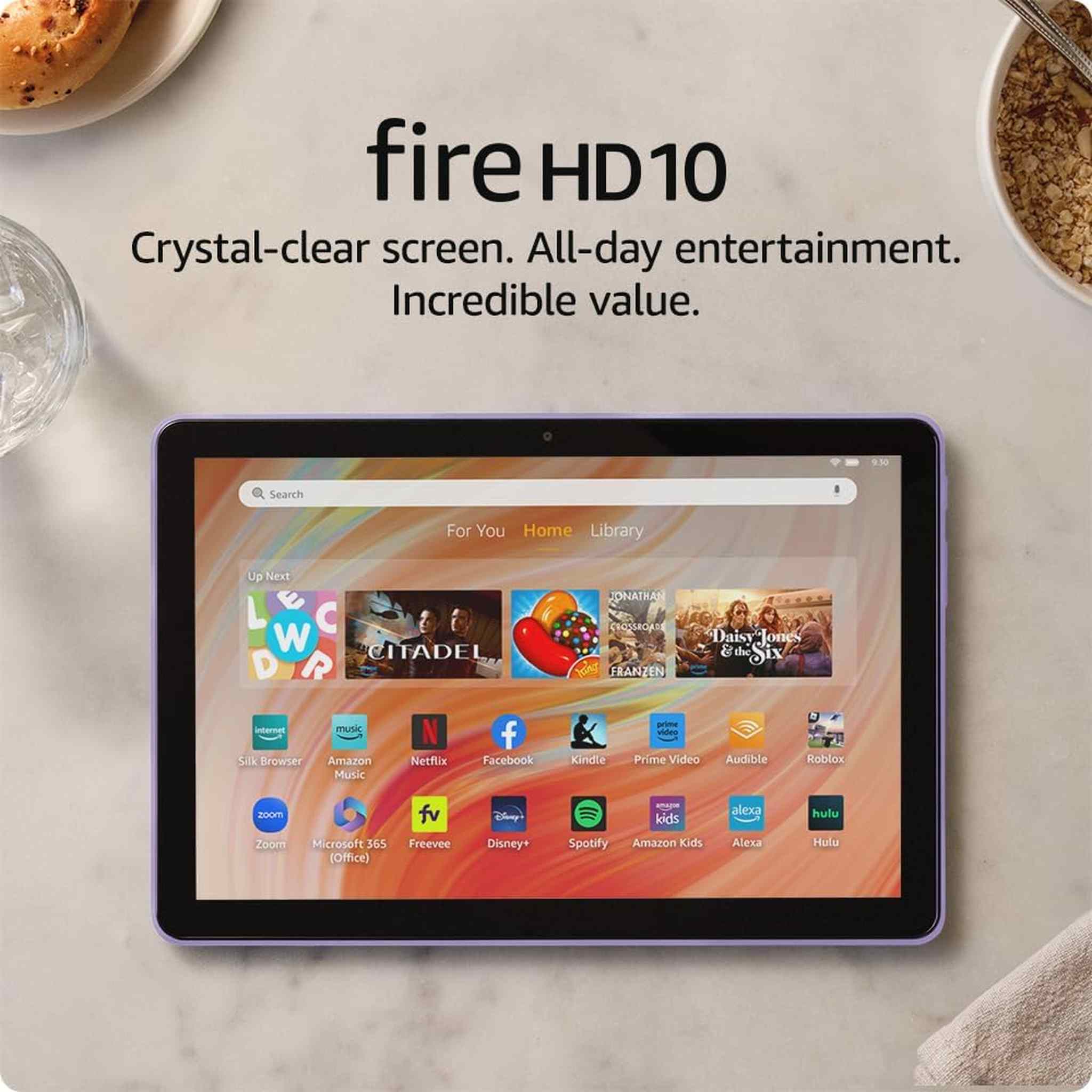 Fire HD 10 - 10.1 inch Tablet 2023 Release - 32GB - Lilac + Tablet Essentials Starter Kit 5 Piece 10 inch sleeve earbuds stylus cleaning cloth stand -Black + More