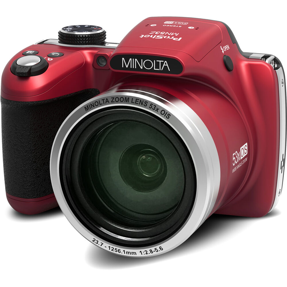 Minolta Pro Shot MN53Z 16 MP HD Digital Camera with 53x Zoom, 1080p HD Video Bundle Red