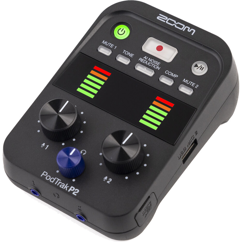 Zoom PodTrak P2 Dual USB Mic Recorder for Podcasters, 4xAA WITH CHARGER, Bundle