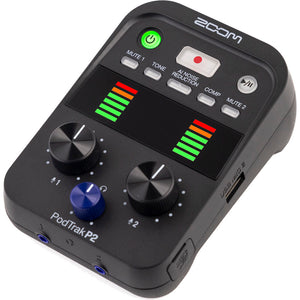 Zoom PodTrak P2 Dual USB Mic Recorder for Podcasters, 4xAA WITH CHARGER, Bundle
