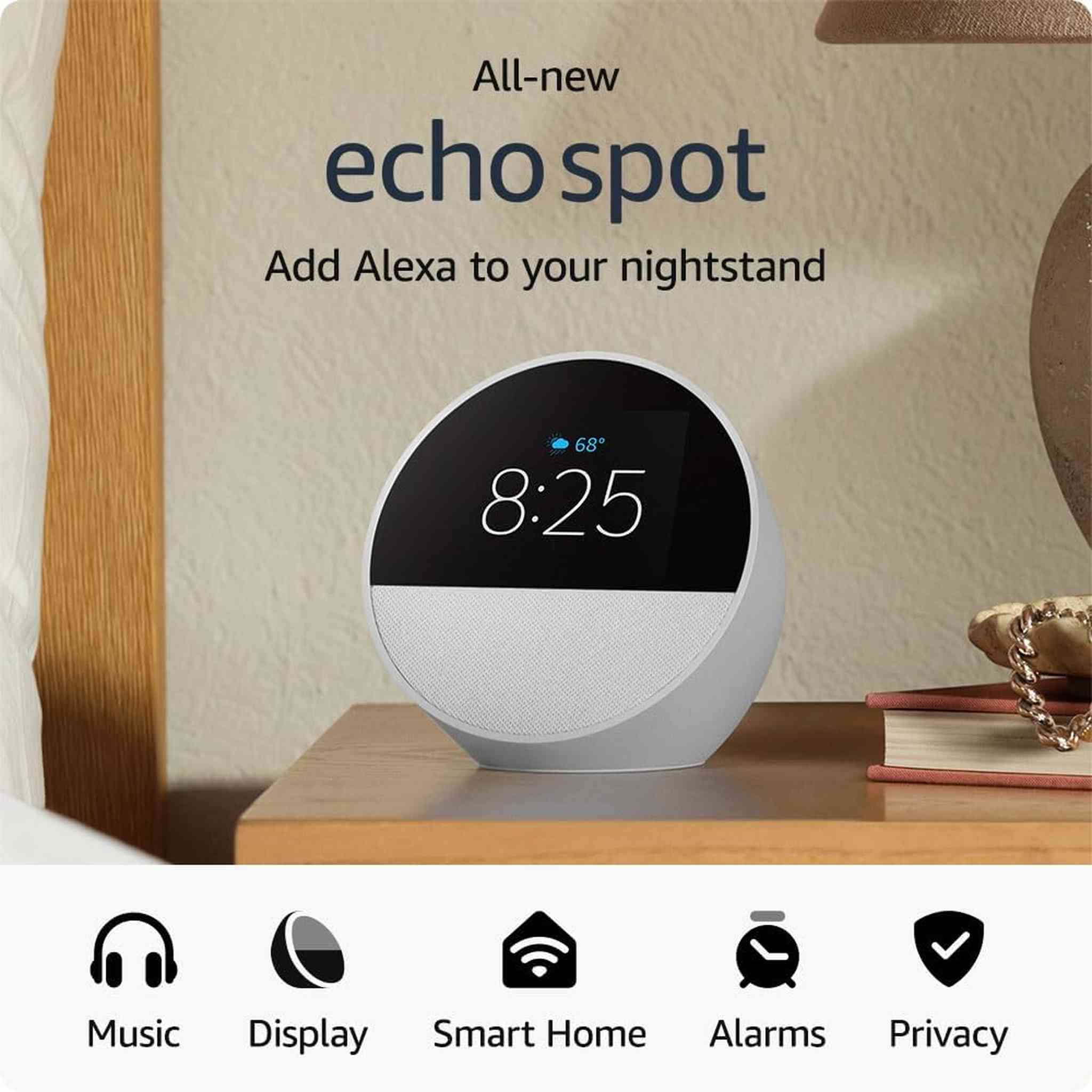 Echo Spot 2024 Smart alarm clock w/ vibrant sound and Alexa -White + Screen Cleaning Kit Kindle