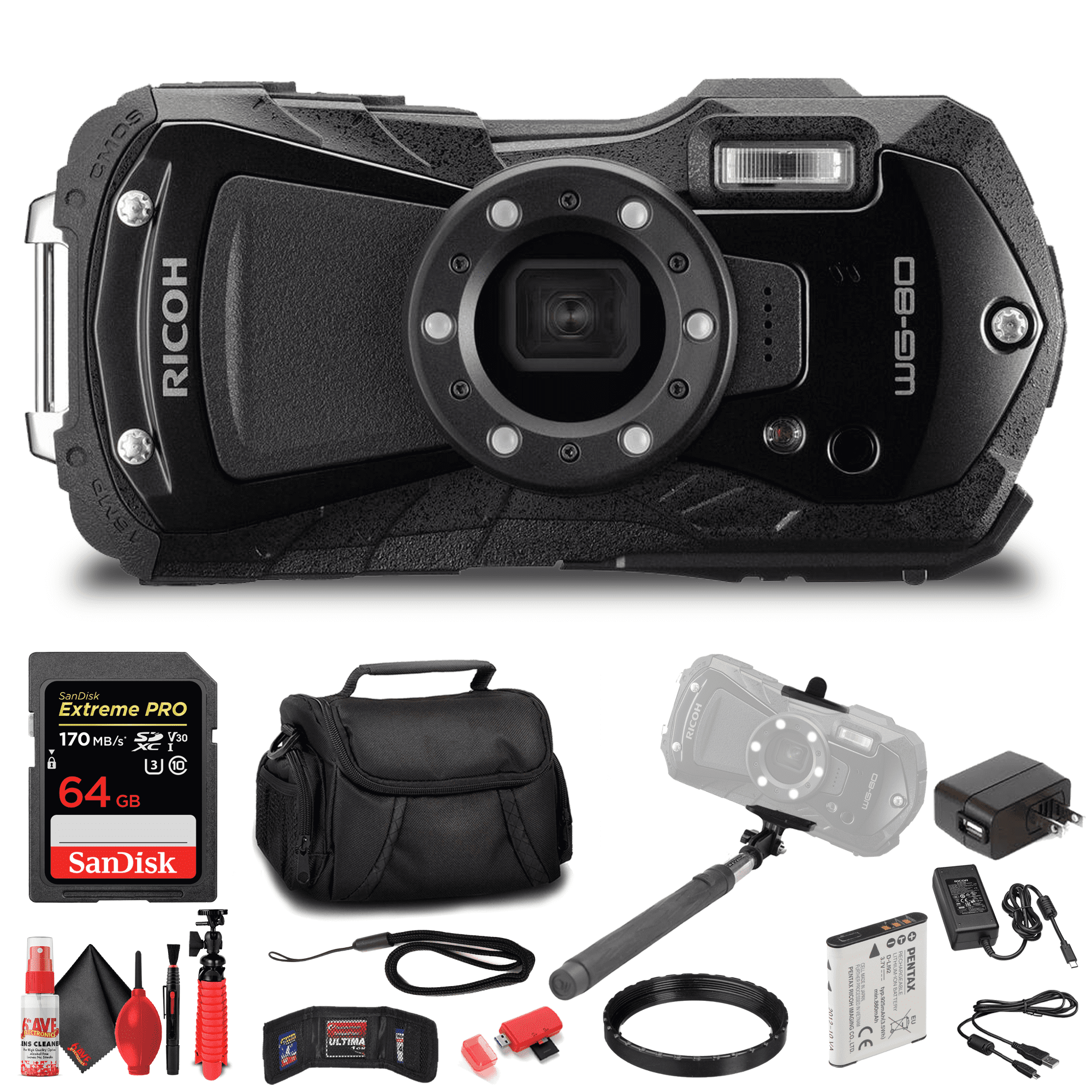 Ricoh WG-80 Waterproof Digital Camera (Black) with Accessories