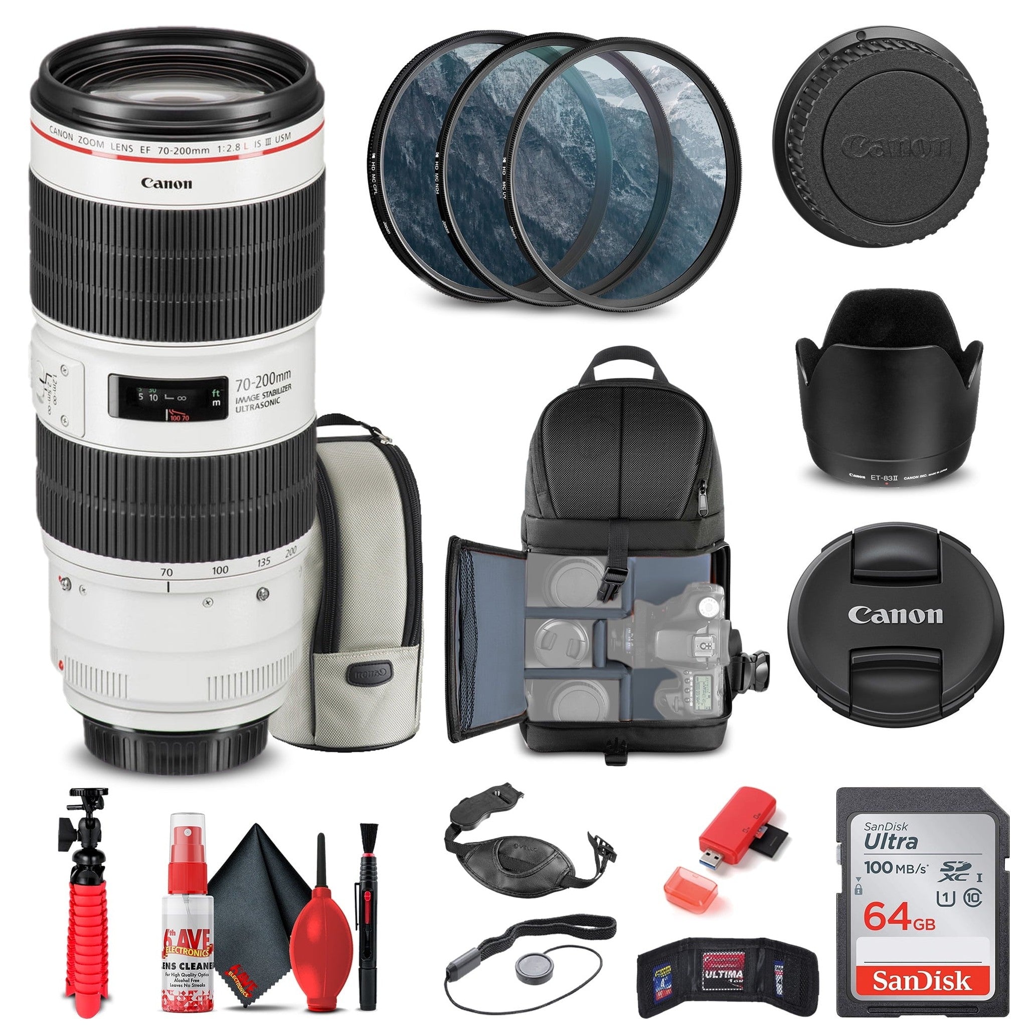 Canon EF 70-200mm f/2.8L IS III USM Lens 3044C002 + Filter + BackPack + More