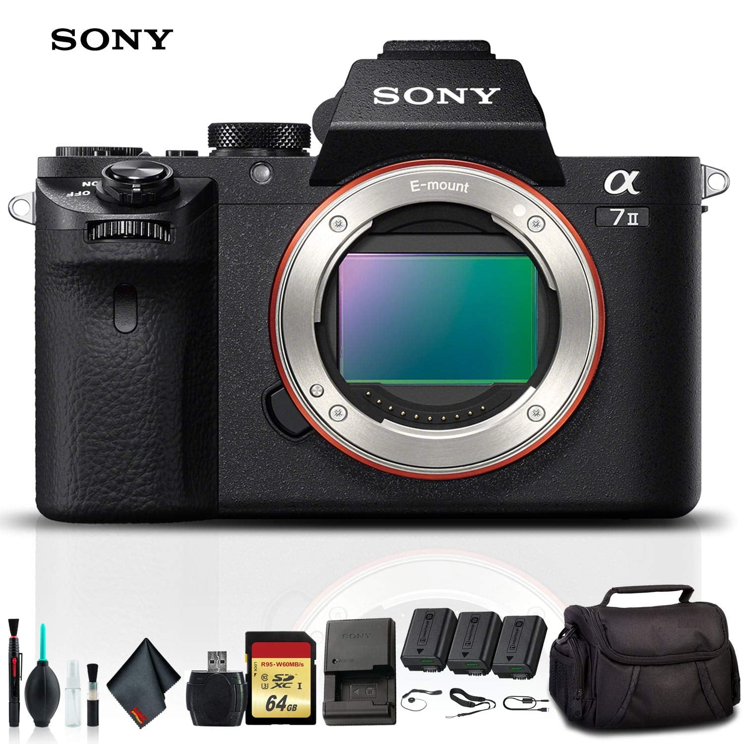 Sony Alpha a7 II Mirrorless Camera ILCE7M2/B With Soft Bag, Additional Battery, 64GB Memory Card, Card Reader , Plus Essential Accessories