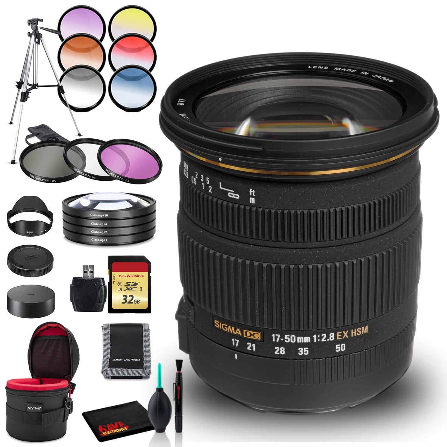 Sigma 17-50mm f/2.8 EX DC OS HSM Lens for Canon EF with Cleaning Kit, Tripod, 32GB Memory, Filters, and Padded Lens Case Bundle