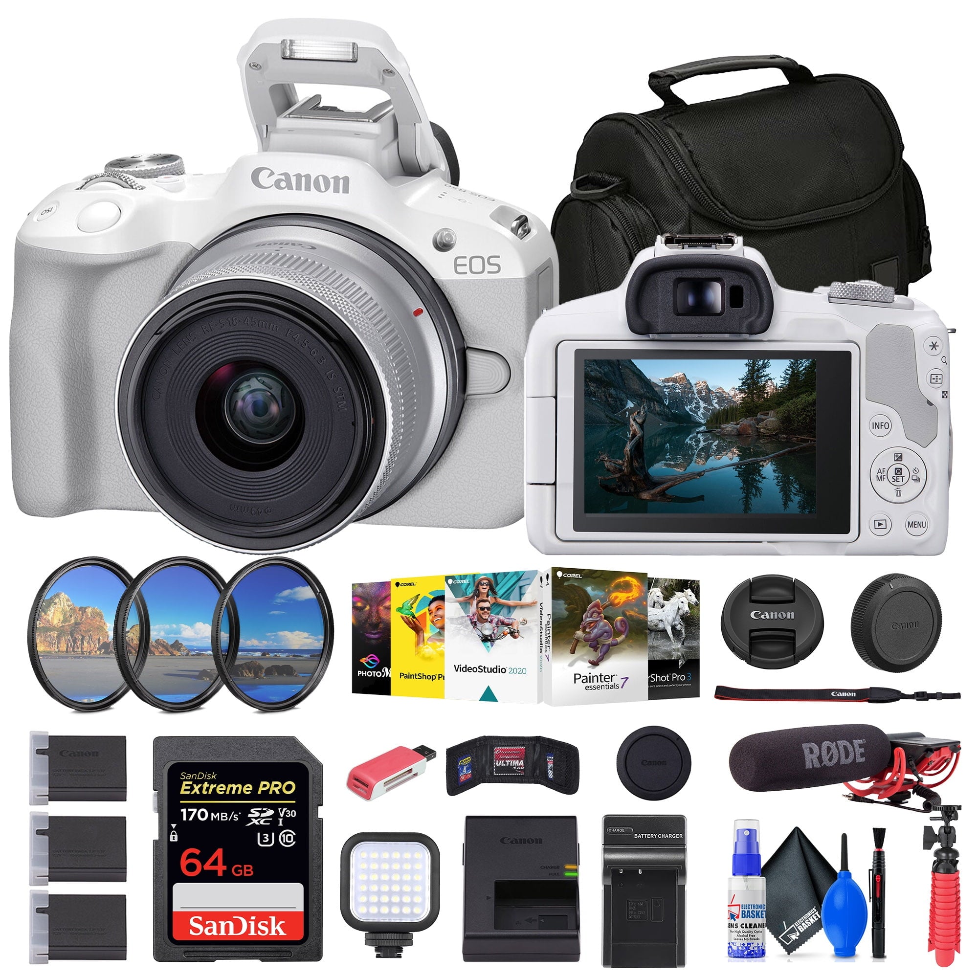 Canon EOS R50 Mirrorless Camera with 18-45mm Lens White + 64GB Card + Bag + More