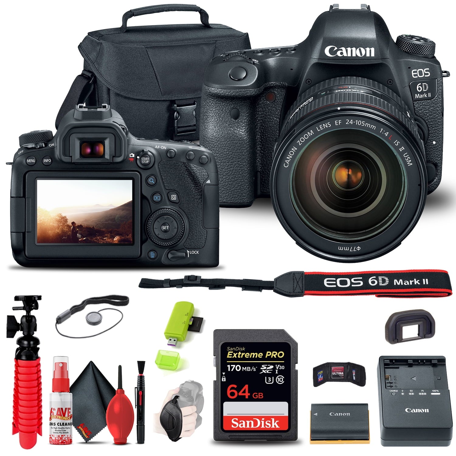 Canon EOS 6D Mark II Camera with 24-105mm f/4L II Lens 1897C009 Extra Storage Bundle