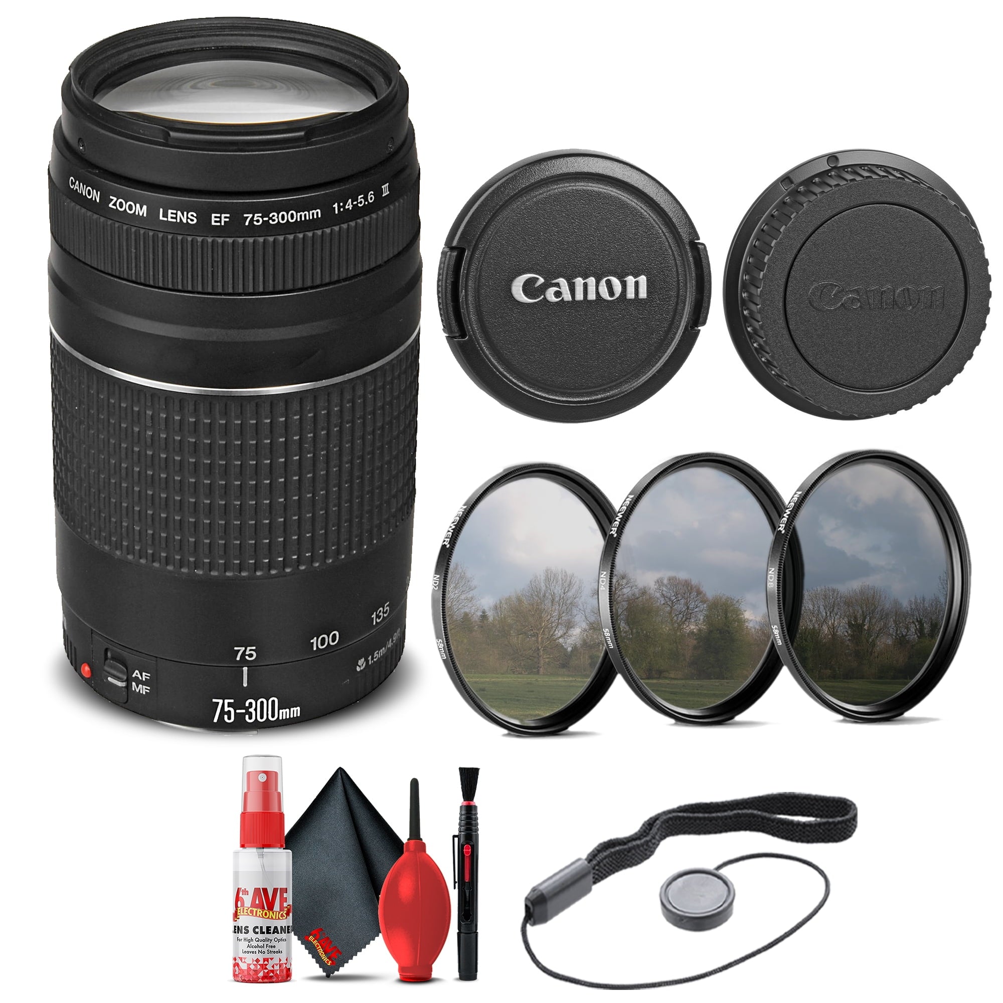 Canon EF 75-300mm f/4-5.6 III Lens 6473A003 + Filter Kit + Cap Keeper Base Bundle