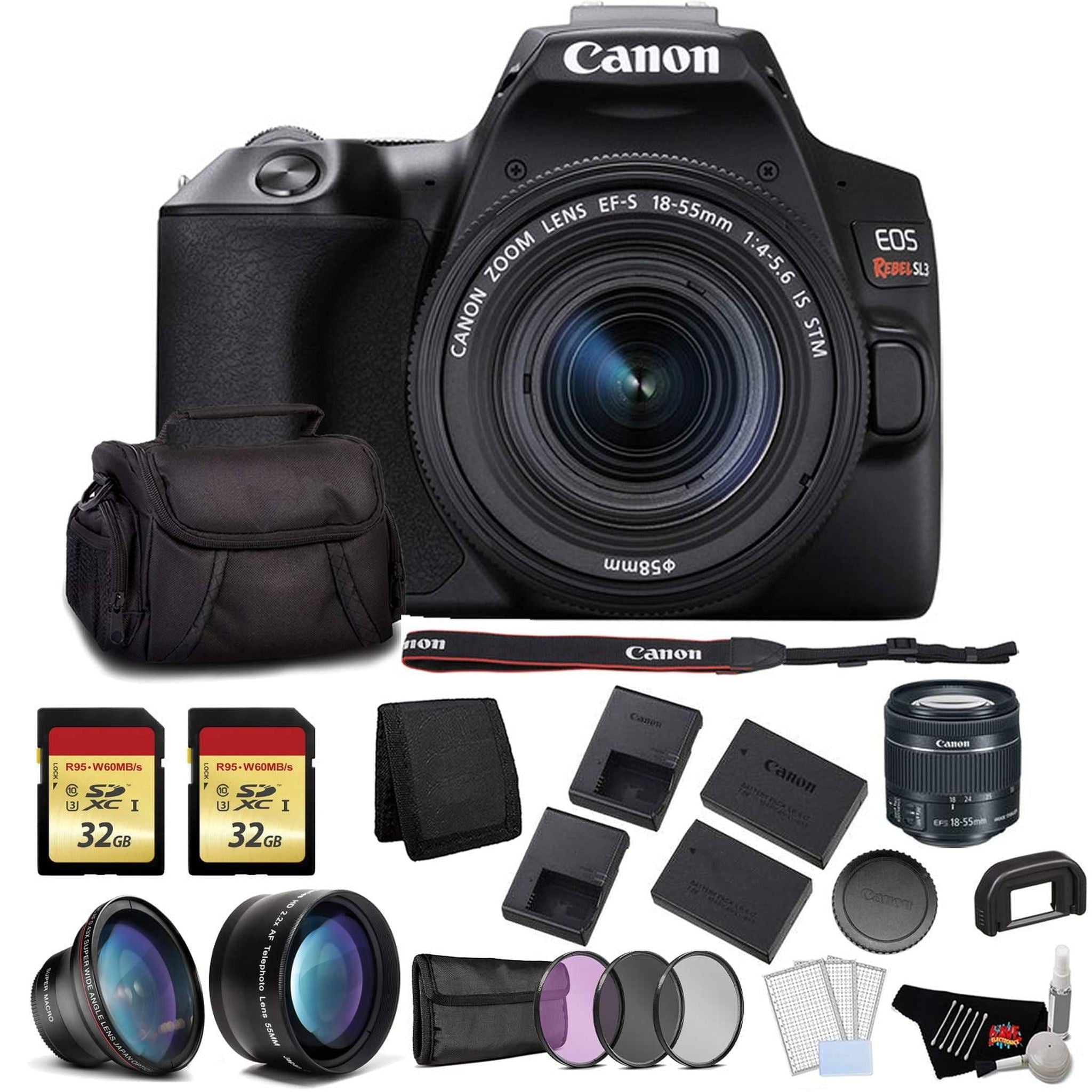 Canon EOS Rebel SL3 DSLR Camera with 18-55mm Lens Black Bundle with 2x32GB Memory Card + Battery for CanonLPE17 + LCD