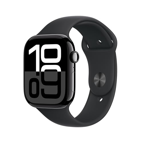 Apple Watch Series 10 GPS 46mm case Smartwatch with Jet Black Aluminium Case with Black Sport Band - M/L. Fitness Tracker, ECG App, Always-On Retina Display, Water Resistant