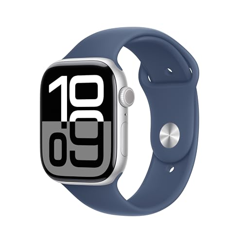 Apple Watch Series 10 GPS 46mm case Smartwatch with Silver Aluminium Case with Denim Sport Band - M/L. Fitness Tracker, ECG App, Always-On Retina Display, Water Resistant