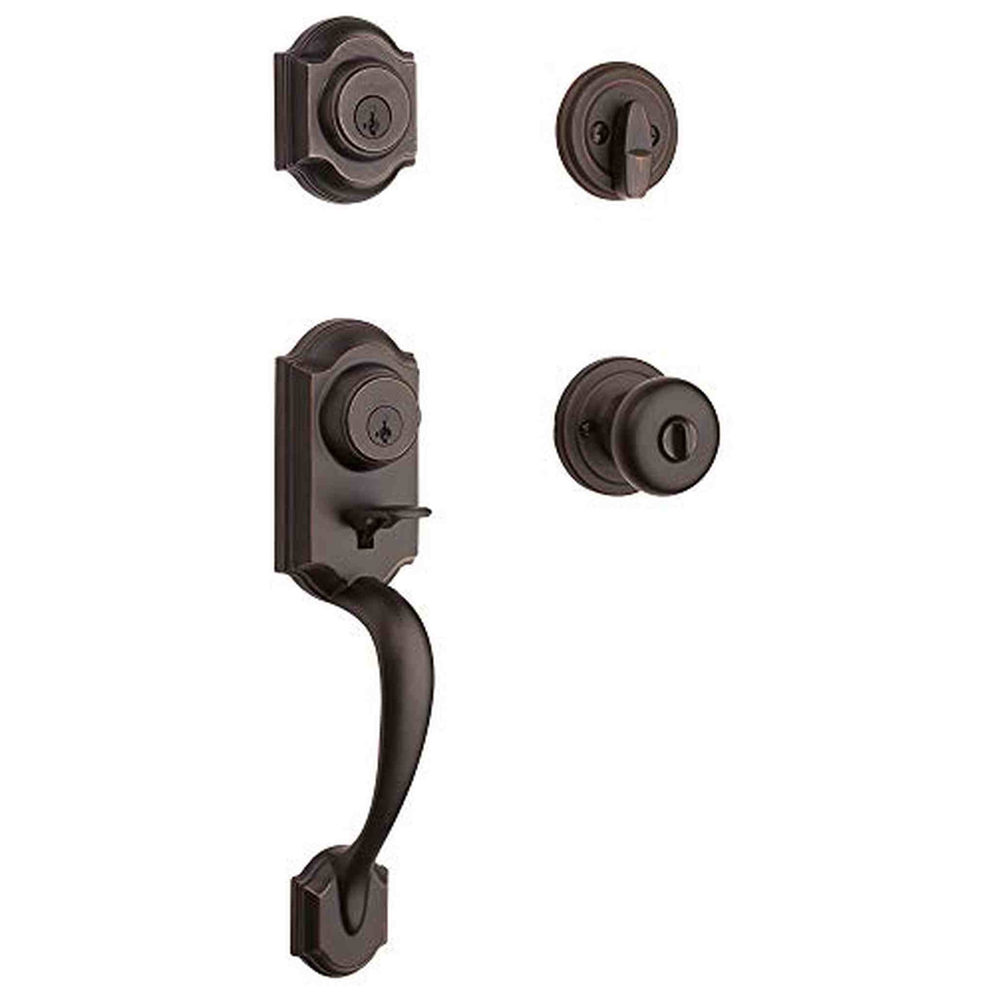 Kwikset Montara Front Door Lock Handle and Deadbolt Set, Entry Handleset Exterior with Interior Door Knob, Venetian Bronze, Pick Resistant SmartKey Rekey Deadbolt Security