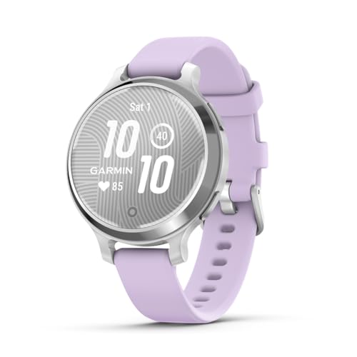 Garmin Lily® 2 Active, Small and Stylish Smartwatch, Built-in GPS, Hidden Display, Patterned Lens, Up to 9 Days Battery Life, Silver with Purple Jasmine Silicone Band