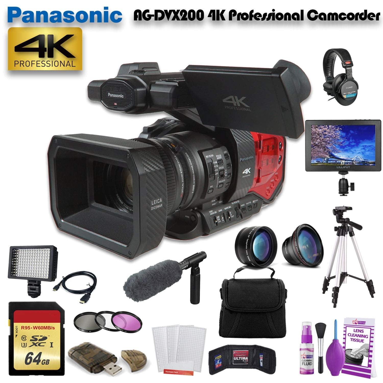 Panasonic AG-DVX200 4K Professional Camcorder AG-DVX200PJ8 W/ 64GB Memory Card, Bag, Tripod, Led Light, Sony Headphones, Mic Bundle