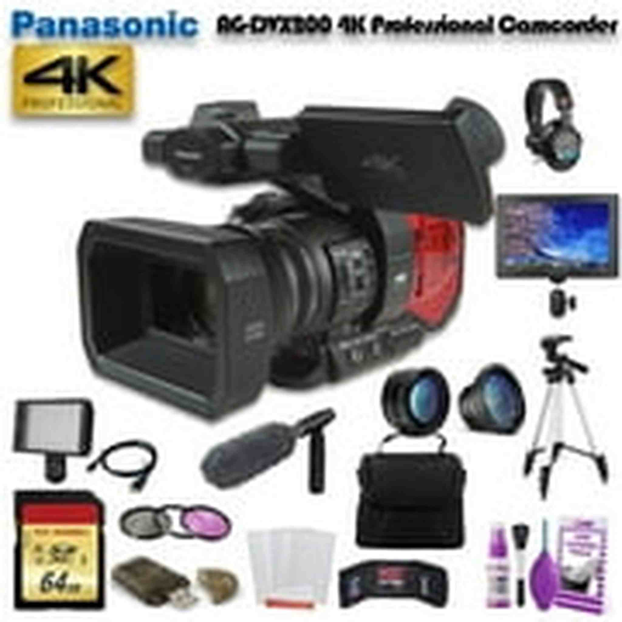 Panasonic AG-DVX200 4K Professional Camcorder AG-DVX200PJ8 W/ 64GB Memory Card, Bag, Tripod, Led Light, Sony Headphones, Mic Bundle