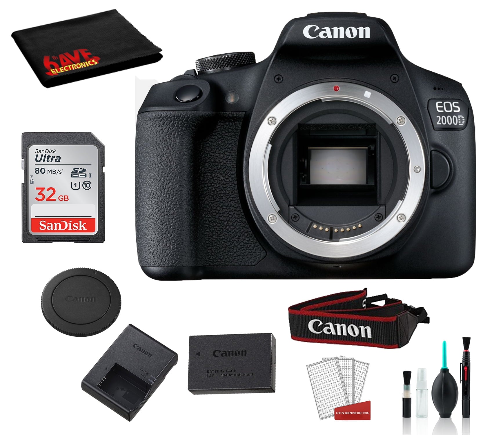 Canon EOS 2000D Body Only Kit Bundle + SanDisk 32gb SD Card + DSLR Cleaning Kit + MORE - International
