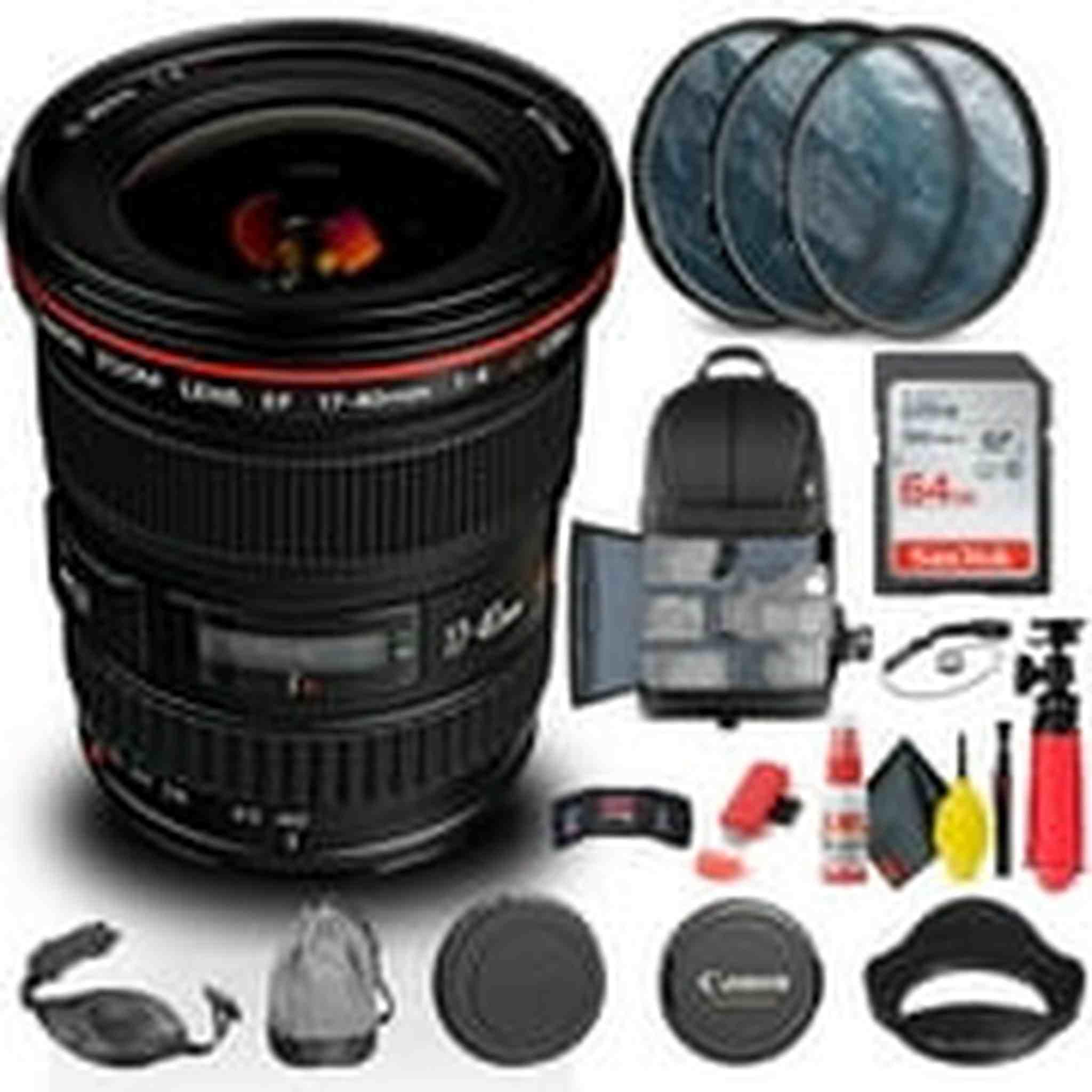 Canon EF 17-40mm f/4L USM Lens 8806A002 + Filter + BackPack + 64GB Card + More Canon