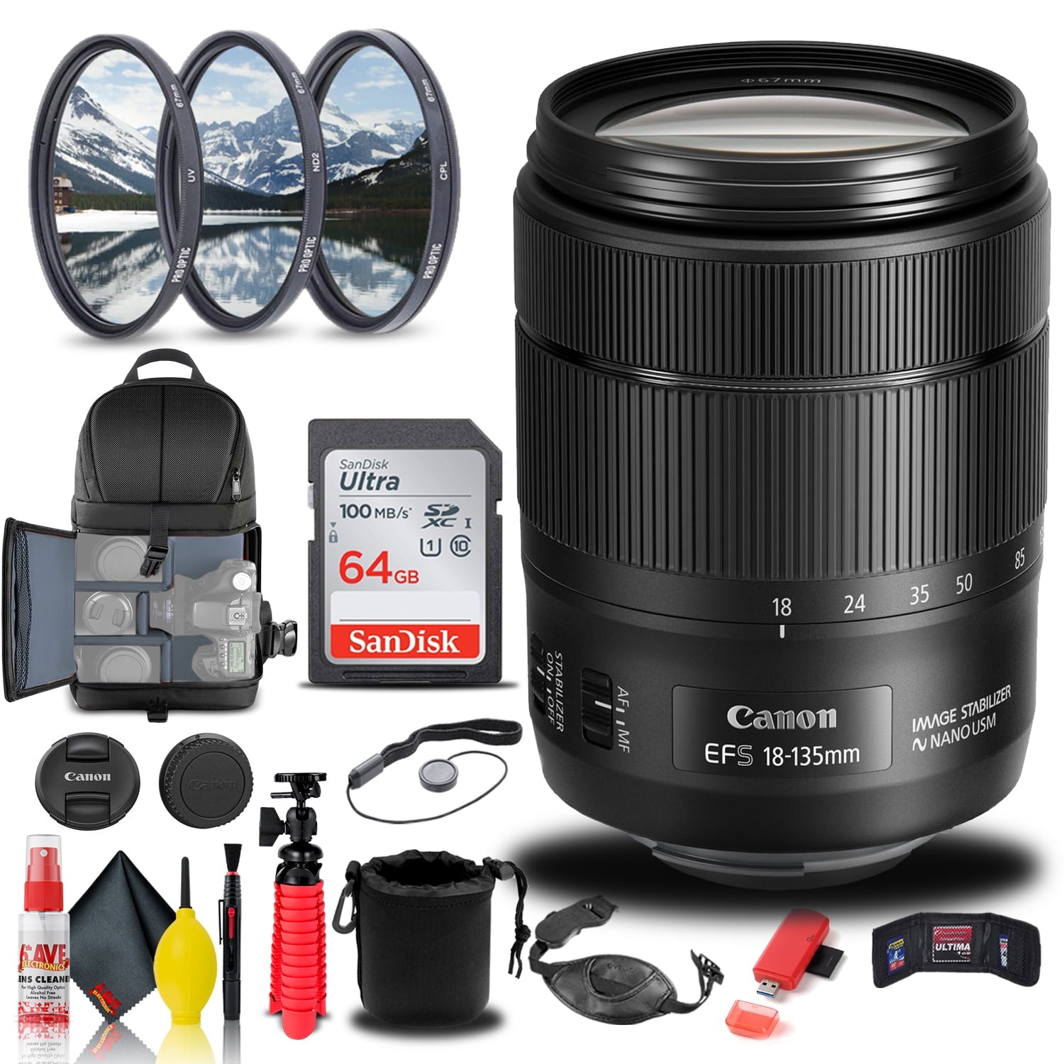 Canon EF-S 18-135mm f/3.5-5.6 IS USM Lens (1276C002) + Filter Kit + More