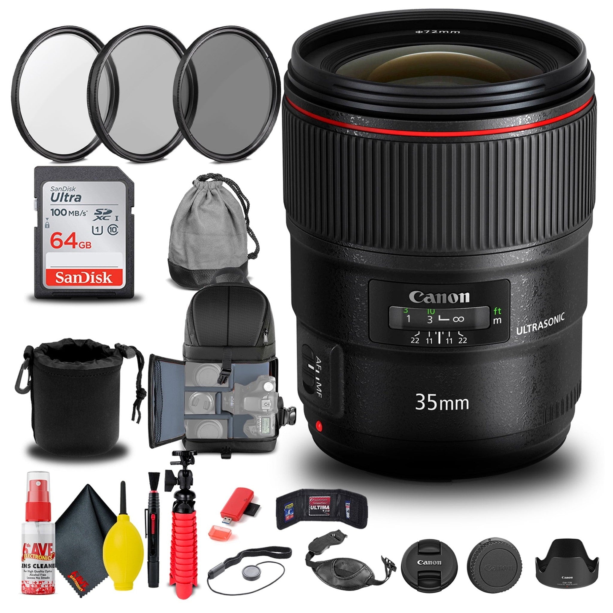 Canon EF 35mm f/1.4L II USM Lens + Filter + BackPack + 64GB Card + More