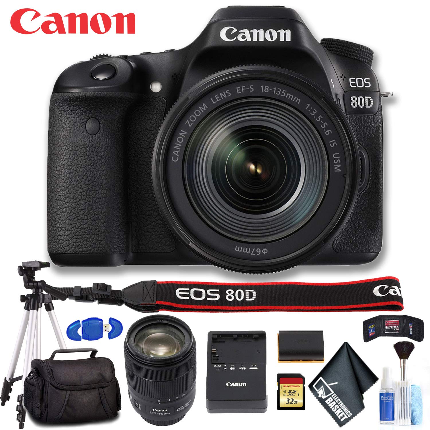 Canon EOS 80D DSLR Camera with 18-135mm Lens (Intl Model) Ultimate Bundle