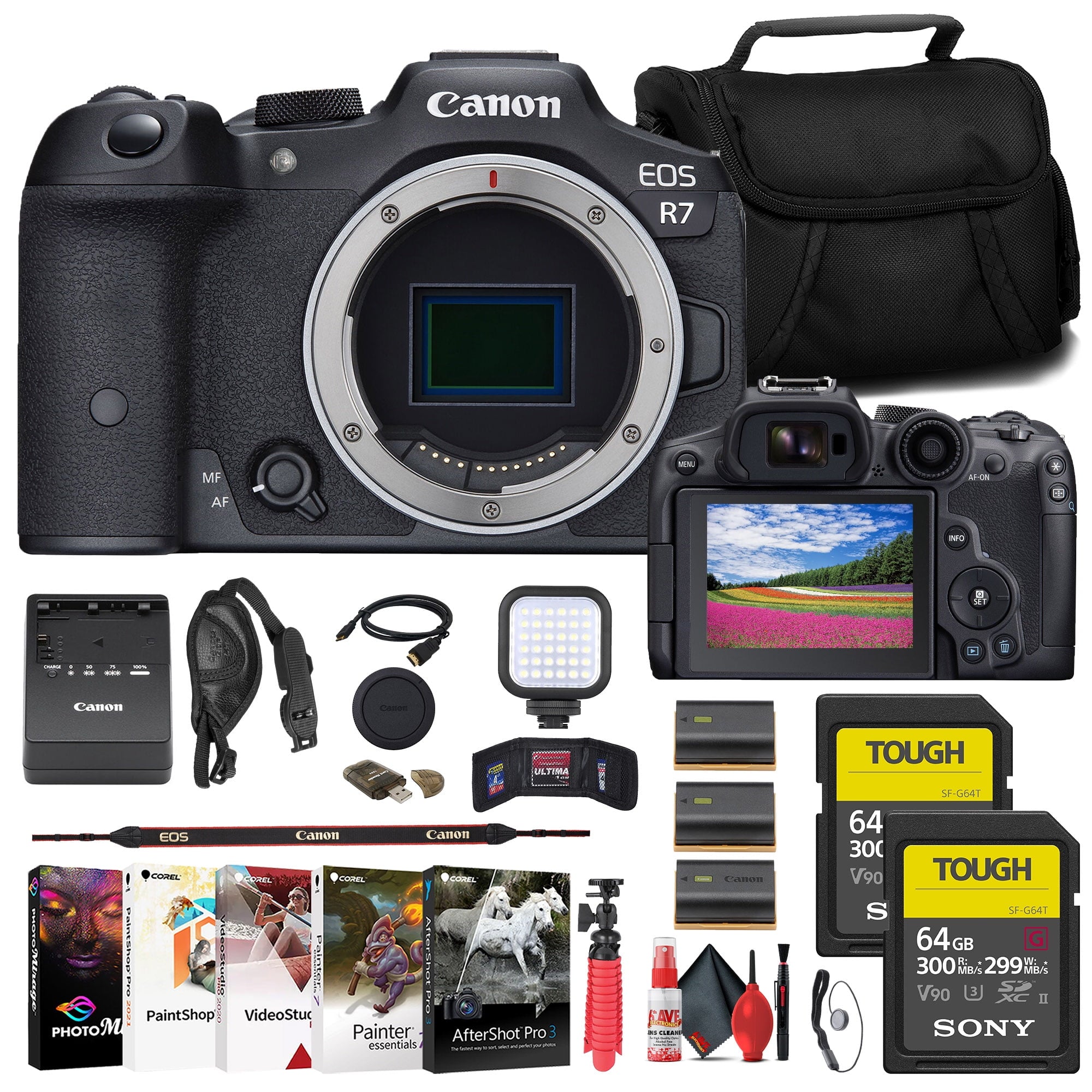 Canon EOS R7 Mirrorless Camera + 2 x Sony 64GB TOUGH SD Card + Bag + More