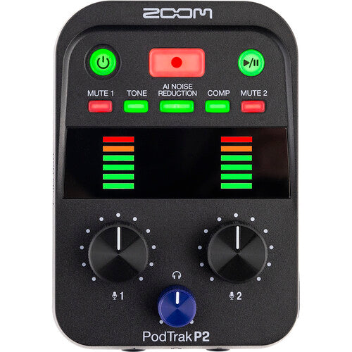 Zoom PodTrak P2 Dual USB Mic Recorder for Podcasters, 4xAA WITH CHARGER, Bundle