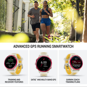 Garmin Forerunner 570 Running Smartwatch, 42MM WiFi, GPS Fitness Smart Watch For Men And Women, Raspberry Aluminum with Translucent Bone/Mango Band, Bundle