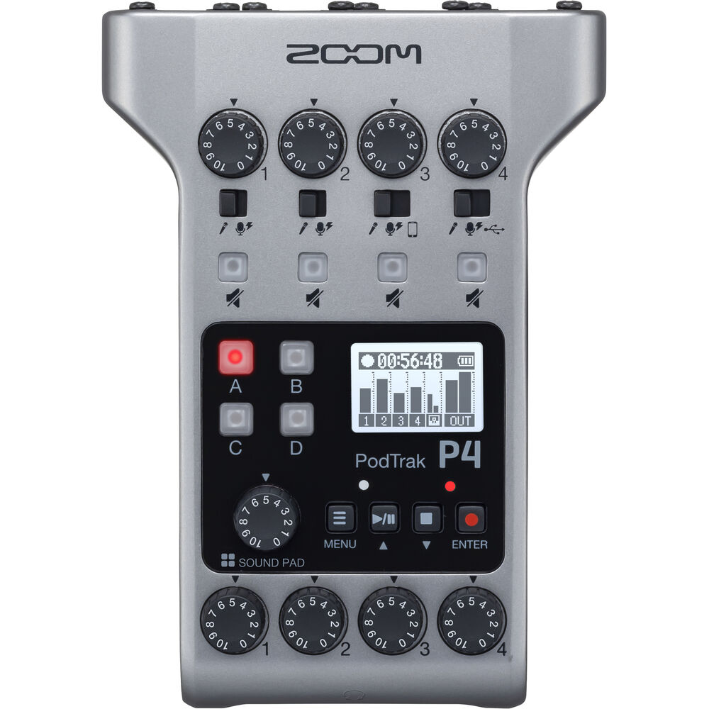 Zoom PodTrak P4 Podcast Recorder, Battery Powered, 4 Microphone Inputs, 4 Headphone Outputs, Phone and USB Input for Remote Interviews, Sound Pads, 2-In/2-Out Audio Interface