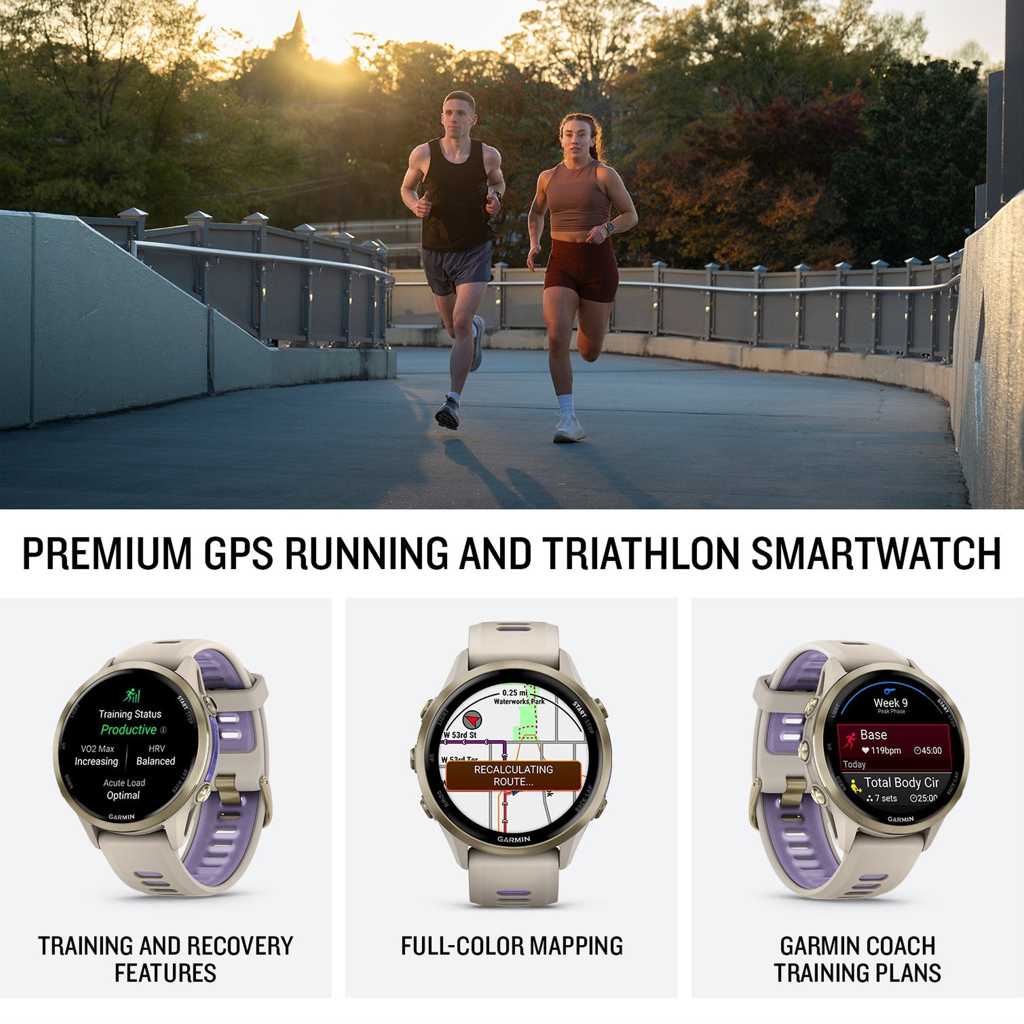 Garmin Forerunner 970 Running Smartwatch, GPS Fitness Smart Watch For Men And Women, Soft Gold Titanium with French Gray Case and French Gray/Translucent Indigo Band, Bundle