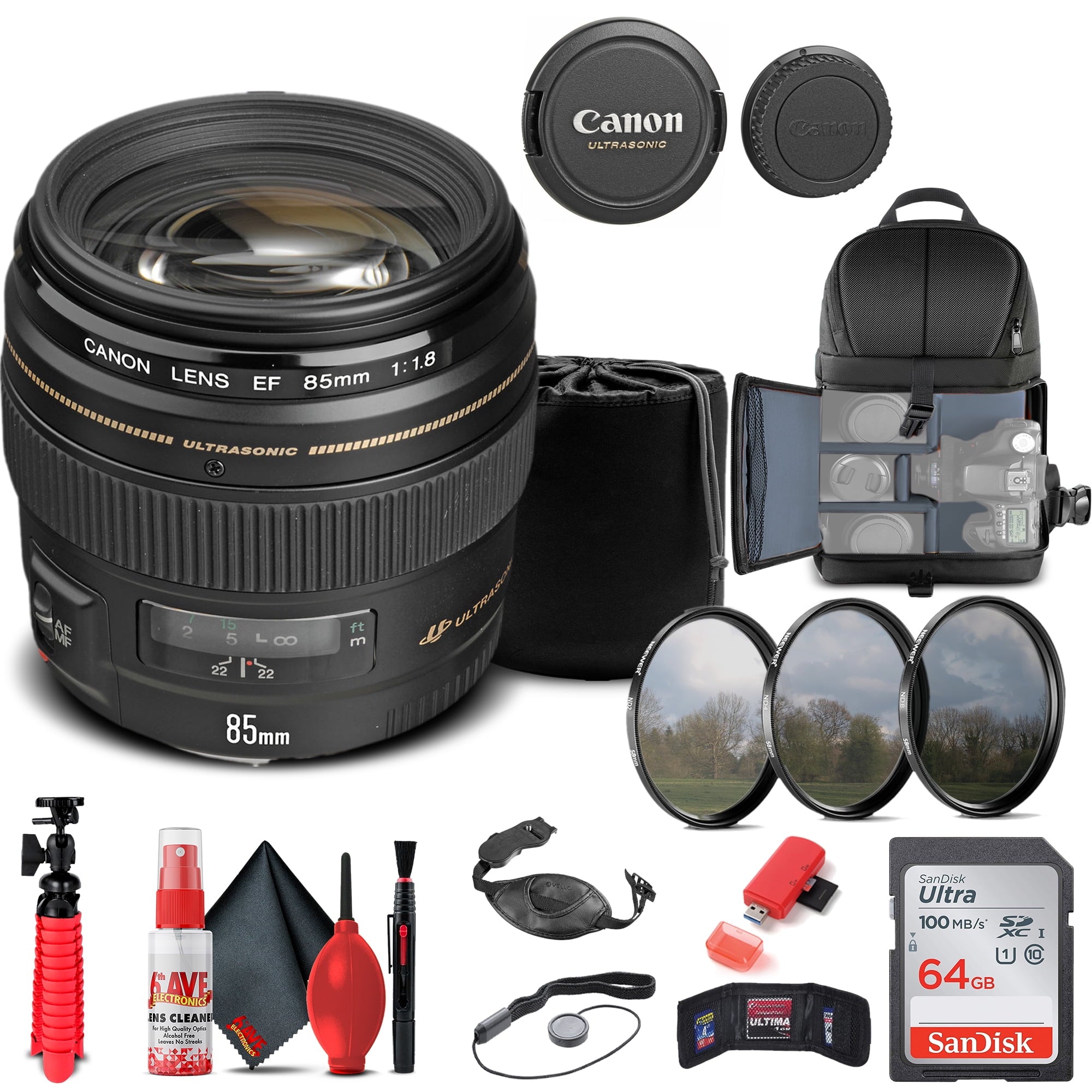Canon EF 85mm f/1.8 USM Lens 2519A003 + Filter + BackPack + 64GB Card + More