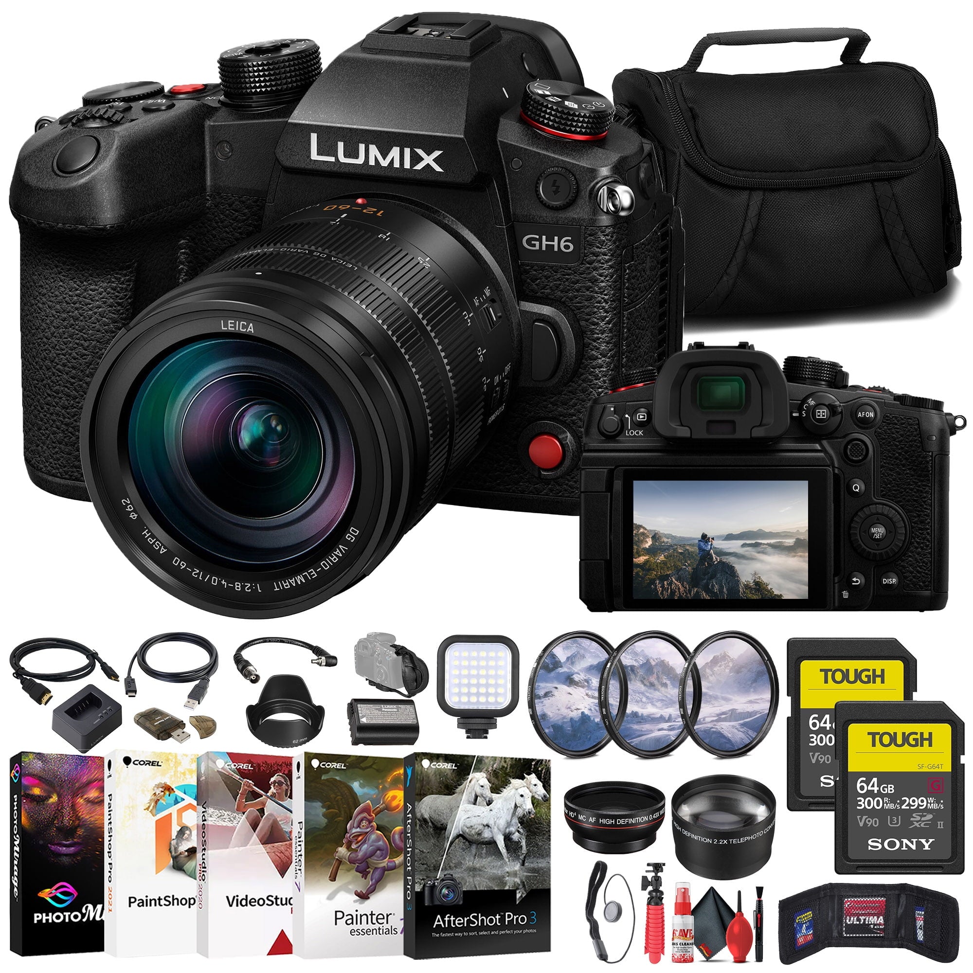 Panasonic Lumix GH6 Mirrorless Camera W/ 12-60mm Lens + 2 x 64GB Card + More