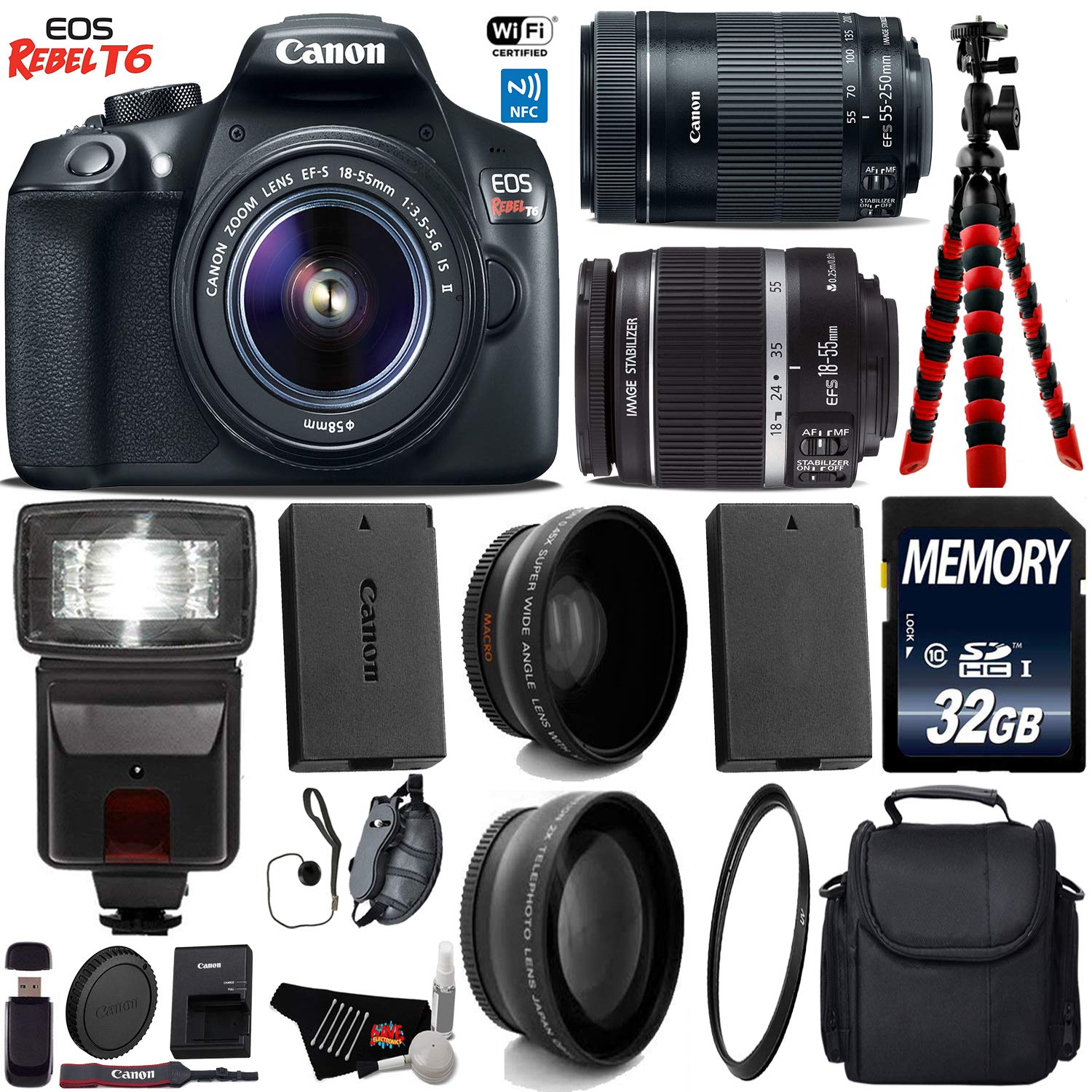 Canon EOS Rebel T6 DSLR Camera with 18-55mm is Lens & 55-250mm is STM Lens + Flash + UV FLD CPL Filter Kit Starter Bundle