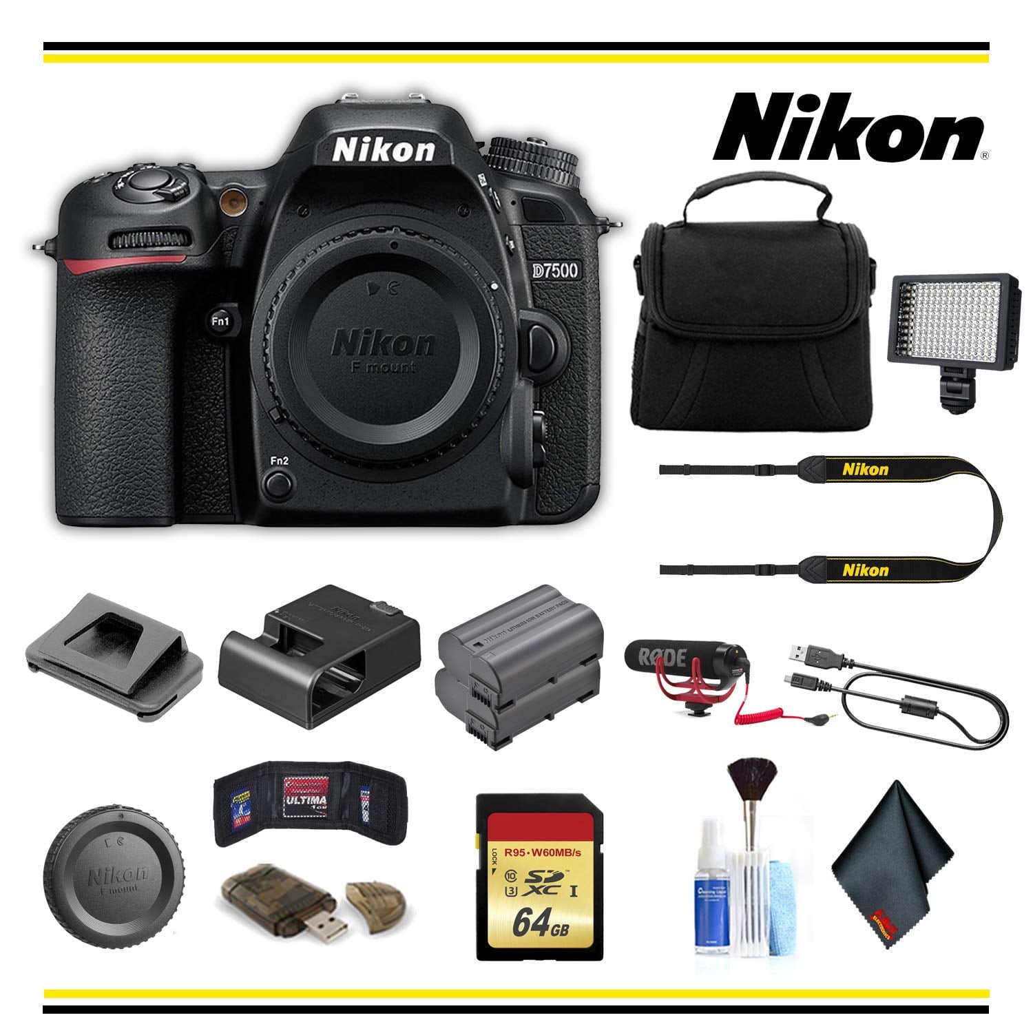 Nikon D7500 DSLR Camera (1581) Advanced Bundle Body W/Bag, Extra Battery, LED Light, Mic, and More