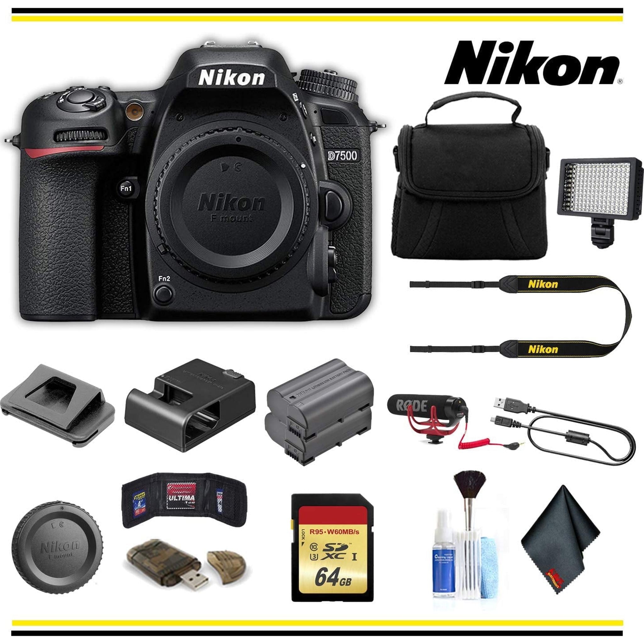 Nikon D7500 DSLR Camera 1581 Advanced Bundle Body W/Bag, Extra Battery, LED Light, Mic, and More