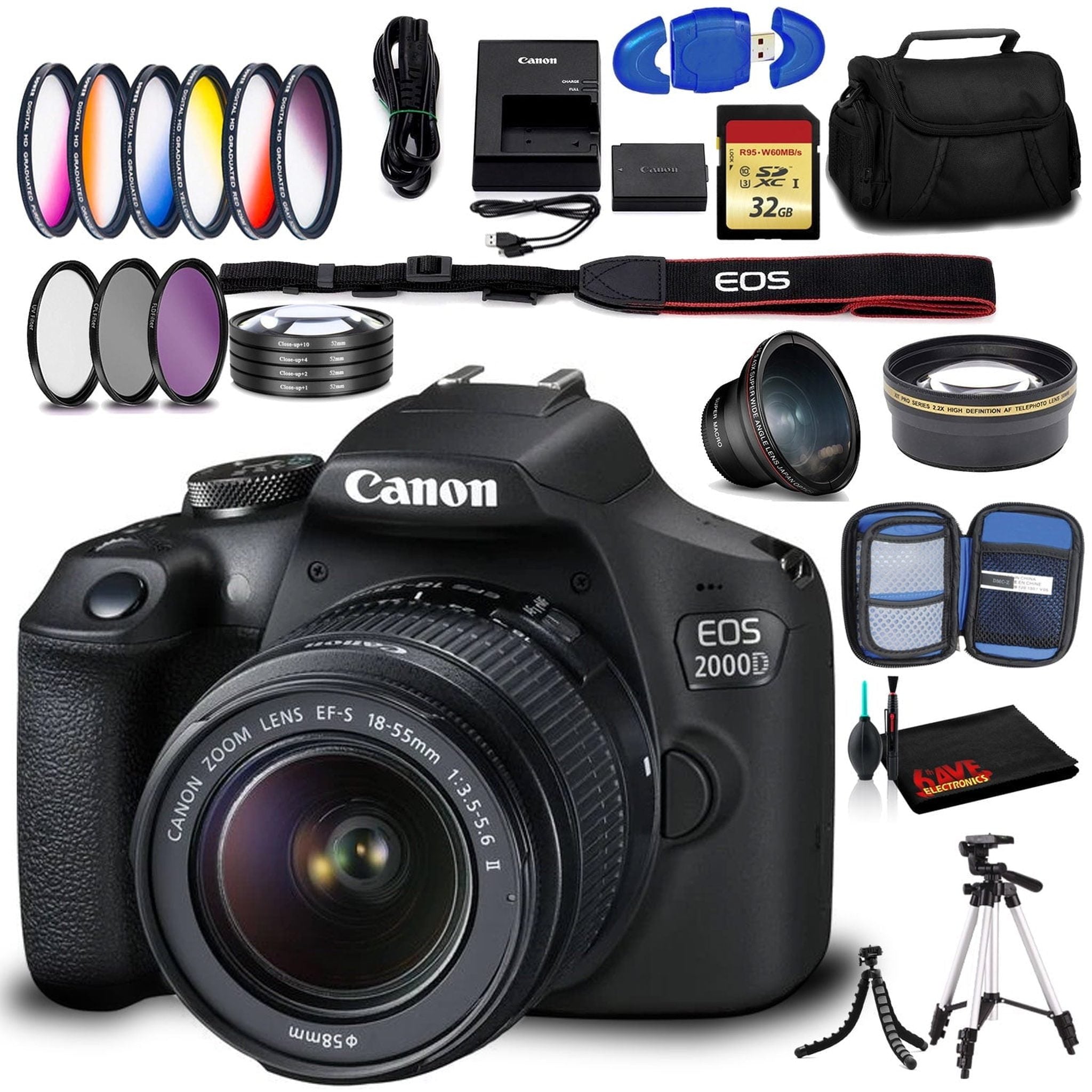 Canon EOS 2000D DSLR with EF-S 18-55mm f/3.5-5.6 IS II Lens Intl Model with Memory Kit, Case, Tripods and Filters