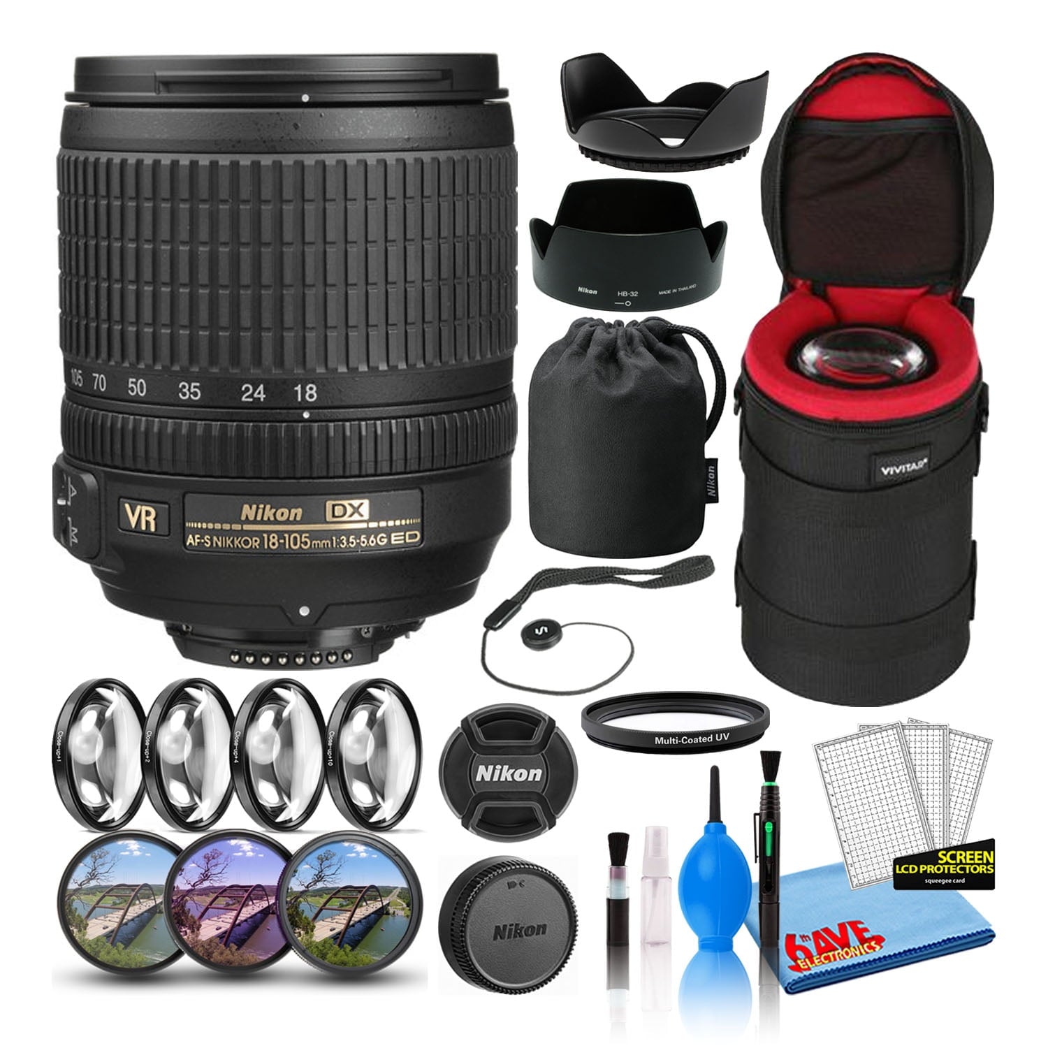 Nikon AF-S DX 18-105mm f/3.5-5.6G ED VR Lens 2179 Intl Model Bundle