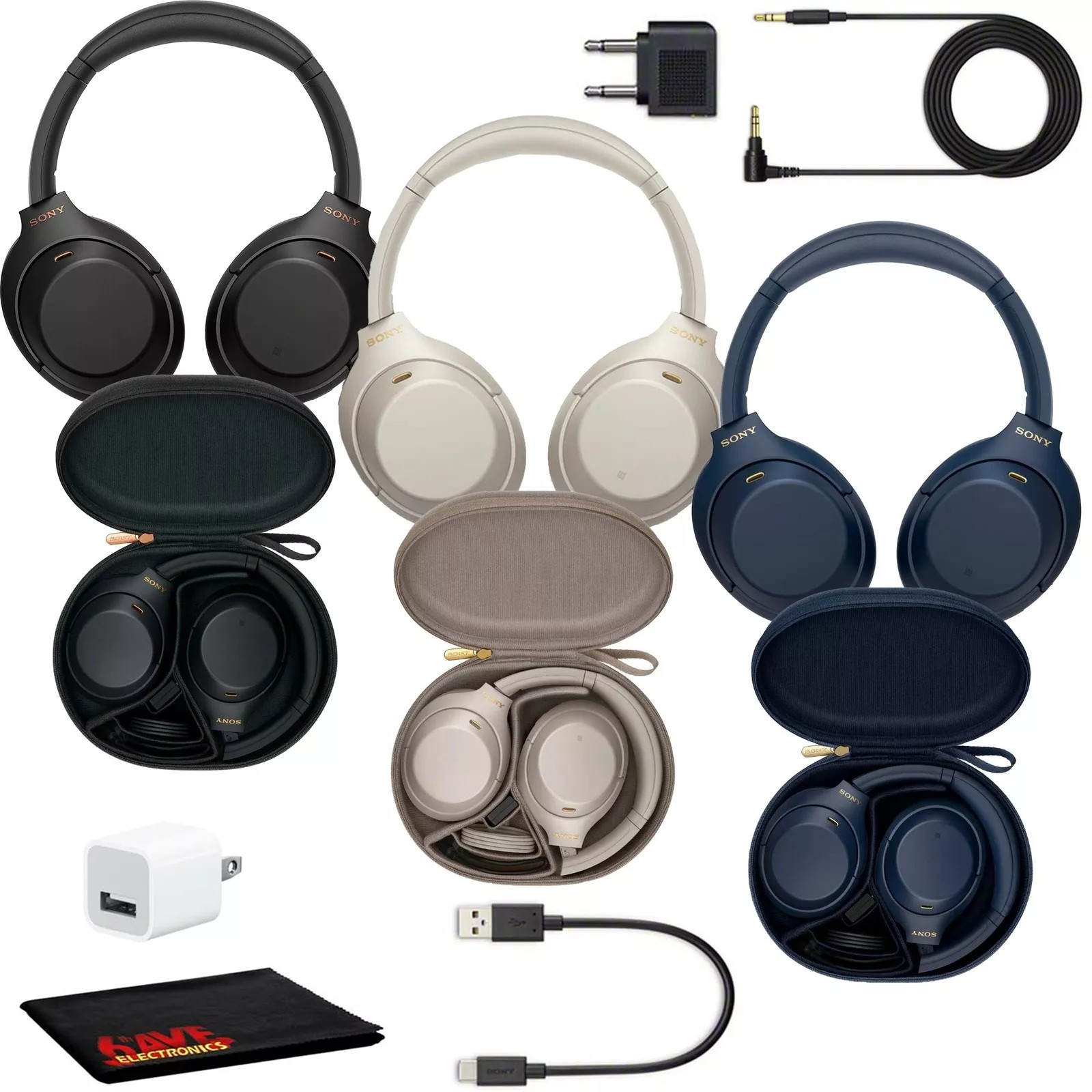 Sony WH-1000XM4 Wireless Noise Canceling Overhead Headphones with Mic for Phone-Call, Voice Control, With USB Wall Adapter and MicroFiber Cleaning Cloth - Bundle