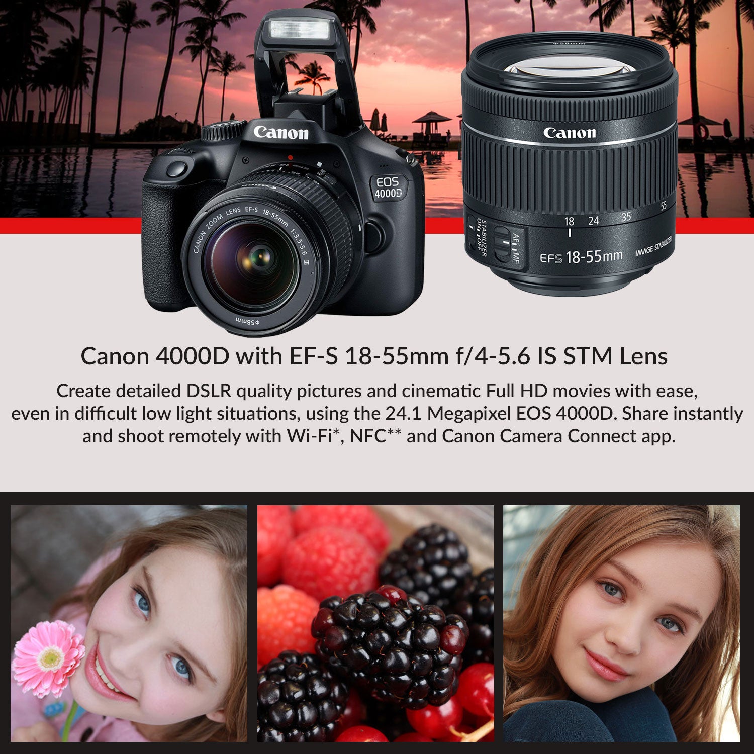 Canon EOS 4000D DSLR Camera & EF-S 18-55 mm f/3.5-5.6 III Lens + 64GB Memory Card + Camera Bag + Cleaning Kit + Table Tripod