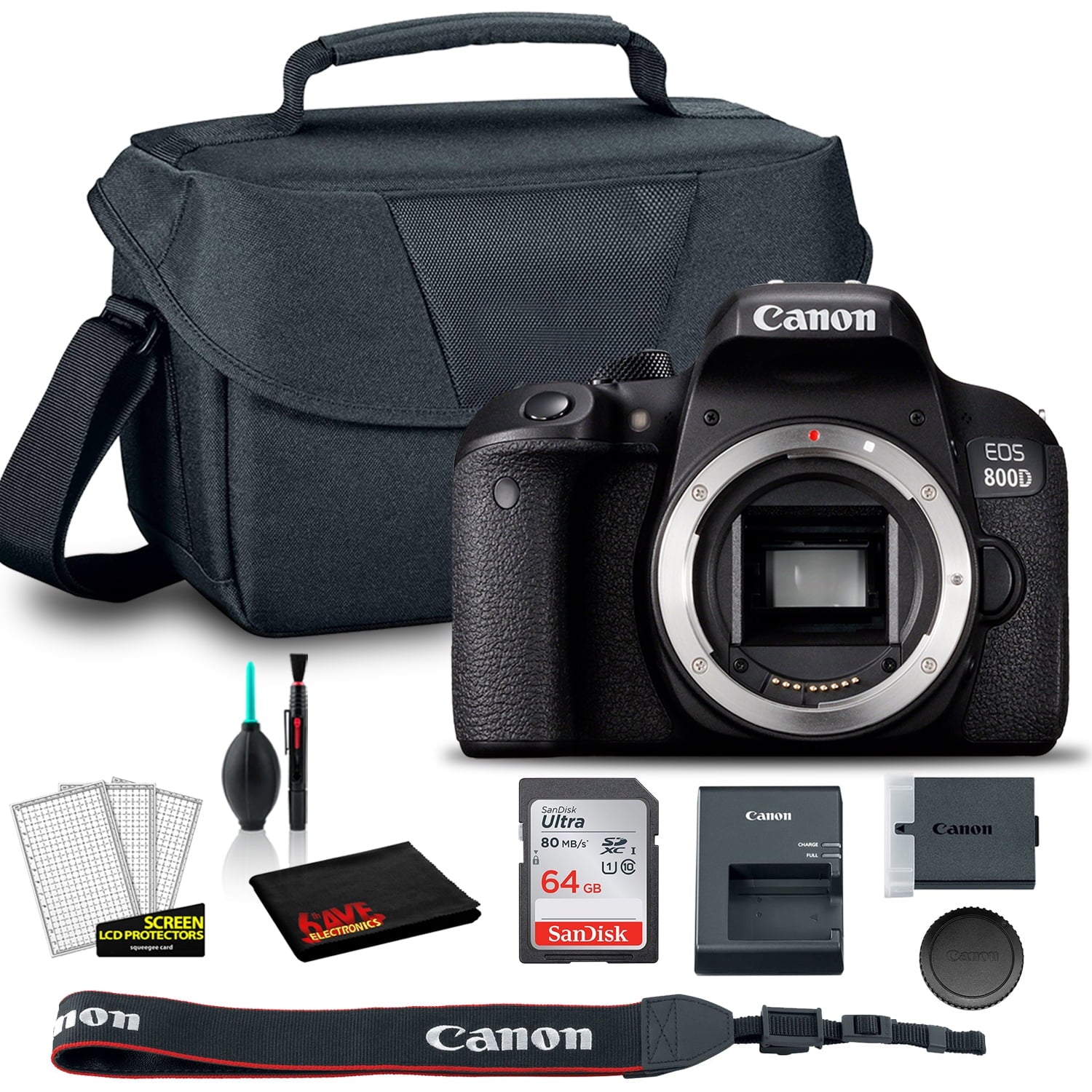 Canon EOS 800D DSLR Camera Body Only 1894C001AA + EOS Bag + Sandisk Ultra 64GB Card + Clean and Care Set International Model