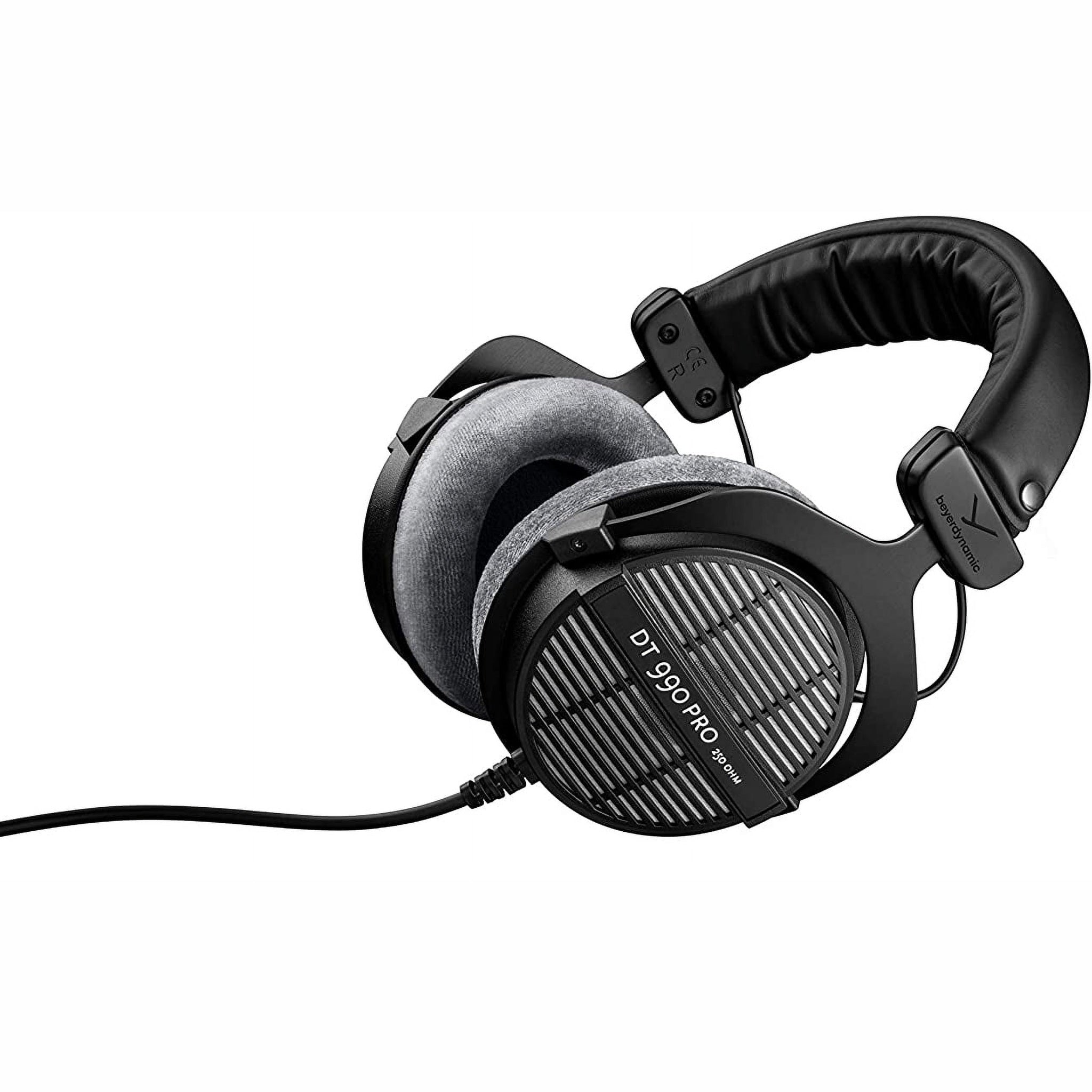 beyerdynamic DT 990 PRO, 250 Ohm, Open Back, Over Ear, Wired Headphones, 3m Coiled Cable, Black with Grey Velour Ear Pads