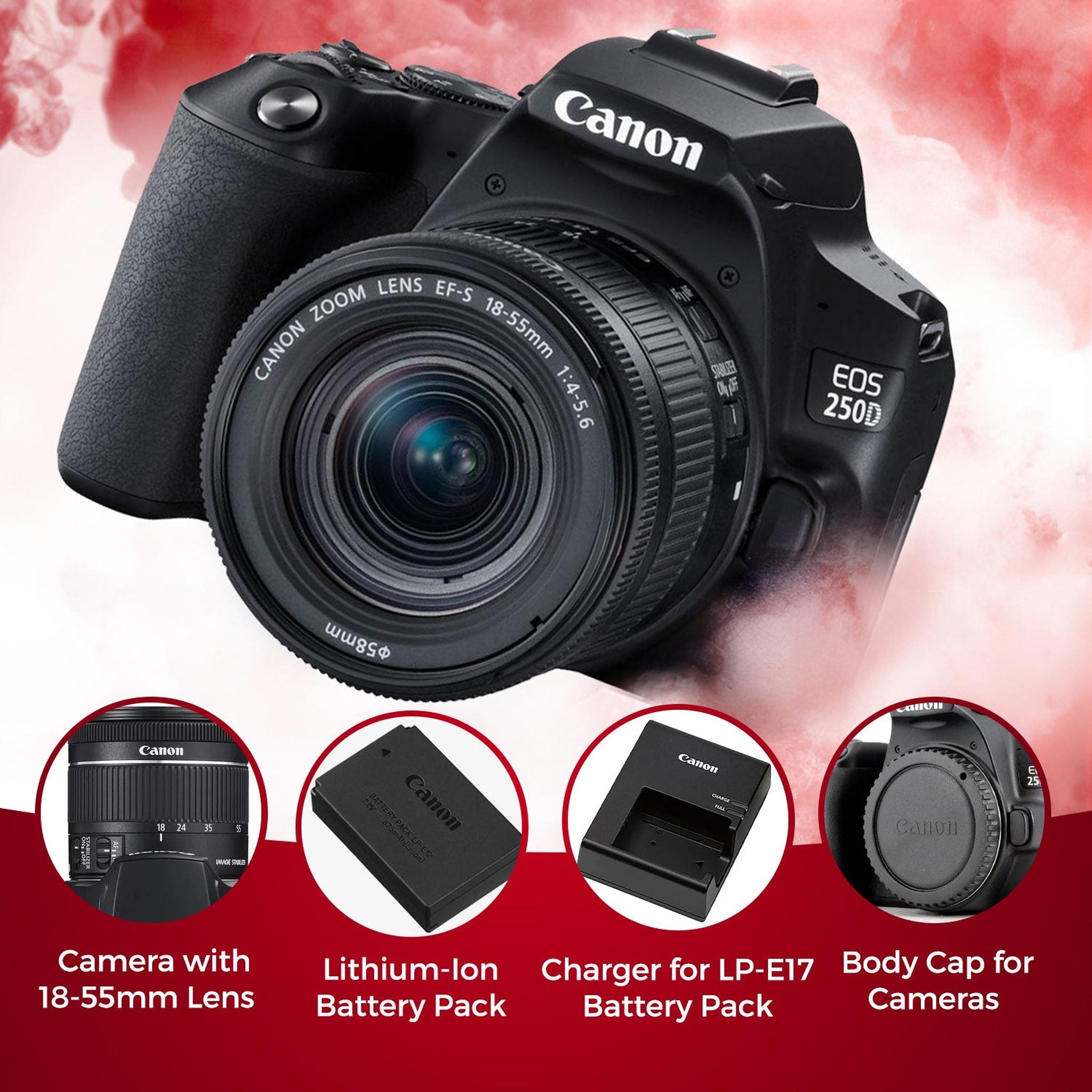 Canon EOS 250D / Rebel SL3 DSLR Camera with 18-55mm Lens Black + Creative Filter Set, EOS Camera Bag + Sandisk Ultra 64GB Card + Electronics Cleaning Set, And More International Model - Used Canon