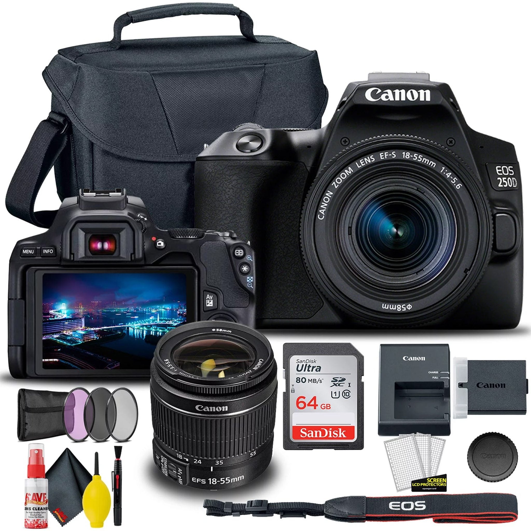 Canon EOS 250D / Rebel SL3 DSLR Camera with 18-55mm Lens Black + Creative Filter Set, EOS Camera Bag + Sandisk Ultra 64GB Card + Electronics Cleaning Set, And More International Model - Used Canon